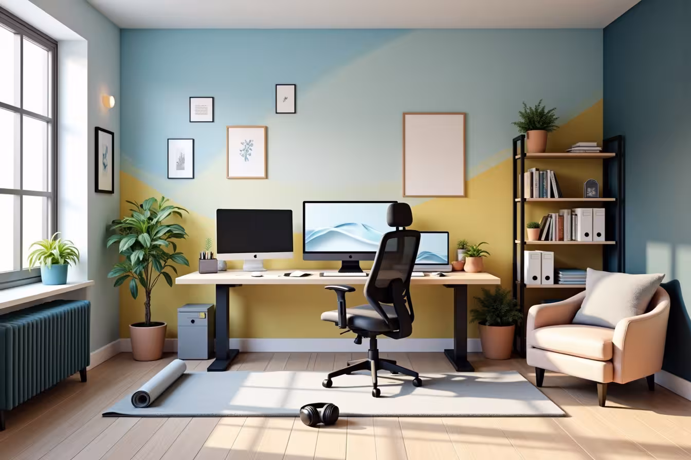 A modern, spacious home office set against a backdrop of a large window pouring in natural light. The office features an ergonomic chair and adjustable desk in a minimalist design. A state-of-the-art computer with dual monitors sits on the desk, alongside neatly organized stationery in a trendy desk organizer. A sleek standing desk is visible nearby with a yoga mat rolled out beside it, indicating a space for quick workouts. One wall features a color gradient transitioning from calm blues to energetic yellows, with creative art pieces hanging sporadically. A cozy reading chair with a plush cushion is tucked into a corner near a small bookshelf, creating a designated break area. A shelf with a combination of filing cabinets, potted plants, and personal mementos is placed against another wall, showcasing an organized storage system. Noise-canceling headphones rest on the desk. A closed door in the background suggests privacy. The room exudes a sense of tranquility and focus, yet bursts with personal style and creativity, embodying the perfect balance of productivity and comfort in a home office setting