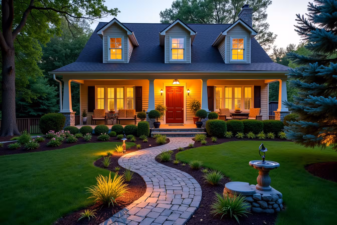 A picture-perfect suburban home bathed in the soft glow of twilight. The home itself is a warm, inviting color, perhaps a subdued beige or soft gray. The front yard is adorned with a lush, well-manicured lawn, dotted with a variety of native plants in full bloom, providing a splash of color that changes with the seasons. A quaint cobblestone path, subtly illuminated by a series of small, ground-level path lights, guides visitors from the sidewalk to the front door. To the side of the house, a unique hardscaping element - a small, rustic stone wall - is decorated with a tasteful piece of outdoor art, such as a metallic wind chime or a stone bird bath. This serves as a focal point that draws the viewer's eye. Nearby, a solitary, majestic tree stands tall, providing a natural contrast to the manicured nature of the yard. Nestled in one corner of the yard, a small water feature, perhaps a bubbling fountain or a tranquil pond, adds an element of serenity. The garden beds are neat and tidy with a layer of rich, dark mulch, and a small patio area with tasteful, weather-resistant outdoor furniture invites visitors to sit and stay awhile. The entire scene exudes a sense of tranquility, beauty, and meticulous care, embodying the perfect blend of natural beauty and human artistry