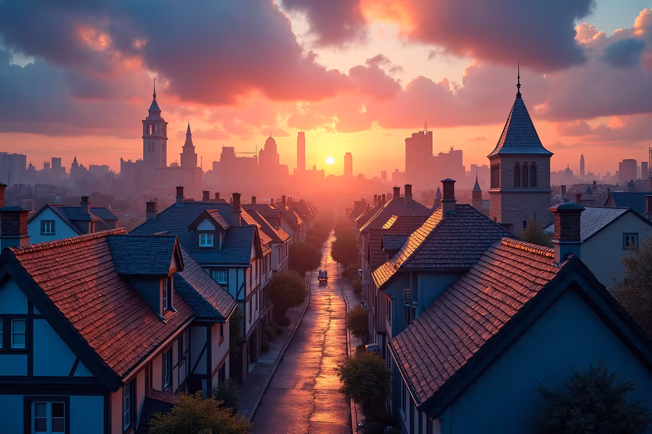 A surreal, eye-catching cityscape under a vibrant twilight sky. The city is composed of seven distinct districts, each representing a popular roofing material. The first district is dotted with quaint cottages, their roofs adorned with various hues of asphalt shingles. Adjacent to it, the second district shines under the setting sun, its metallic rooftops gleaming brightly. Then, we have the third district characterized by elegant homes with Spanish or Mediterranean designs, their roofs covered in clay and concrete tiles. Next, the fourth district is a rustic zone with wooden cabins, their roofs made up of wood shingles and shakes. The fifth district showcases grand manors with heavy, beautiful slate roofs. In sharp contrast, the sixth district is modern and practical, with buildings topped with rubber roofs or EPDM. Finally, the seventh district is a lush, green oasis in the urban jungle, with rooftops covered in a layer of thriving vegetation representing green roofs. Each district should clearly exhibit the characteristics of the roofing material it represents, while maintaining an overall harmony within the cityscape