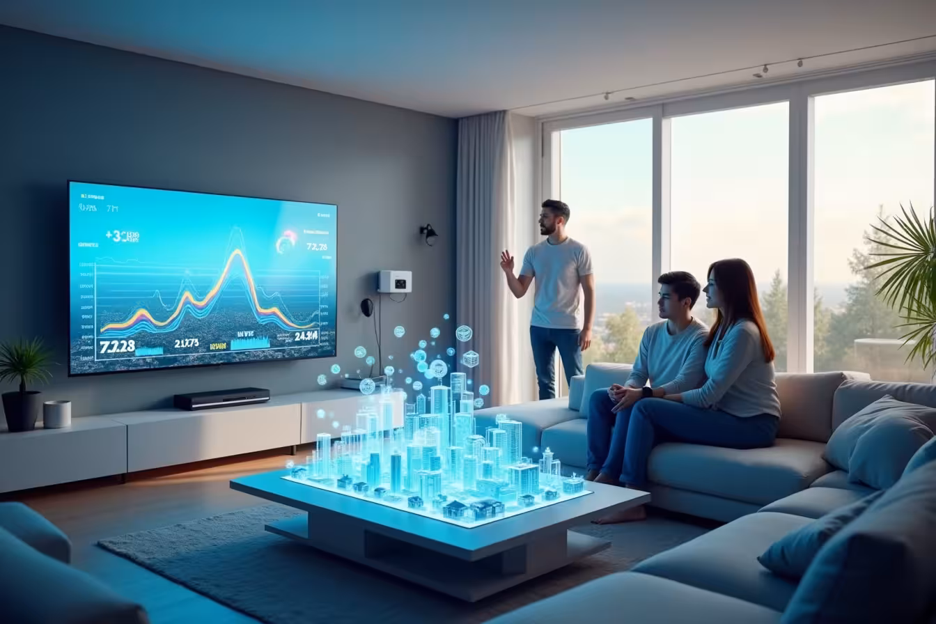 A futuristic living room setting, with a sleek, minimalistic design. The room is brightly lit with natural sunlight, showing off the advanced technology present. A family is present in the room, but they're not interacting with the technology physically - they are using voice commands and gestures. A smart TV is mounted on the wall, displaying a colorful energy usage graph. The sound system, lights, and blinds are subtly adjusting themselves to the inhabitants' preferences, represented by small glowing icons hovering near each device. A security camera is installed in a corner, scanning the room with a soft blue light, indicating facial recognition and motion detection in progress. In the middle of the room, there's a coffee table. On the table, there is a holographic display showing a 3D layout of a smart city with interconnected houses, symbolizing increased connectivity and the rise of smart cities. One of the family members is wearing a smartwatch, from which a holographic heartbeat line and other health parameters are projected, indicating health monitoring. This room is surrounded by an eco-friendly environment, visible through the large glass windows, symbolizing energy efficiency. Finally, there's a hologram floating in the air, showing a legal document bearing the title Home Automation Standards, indicating the legislation and standards aspect. The overall color palette should be cool and futuristic, with a lot of blues, whites, and silver, but also incorporating subtle hints of green to represent the eco-friendly aspect