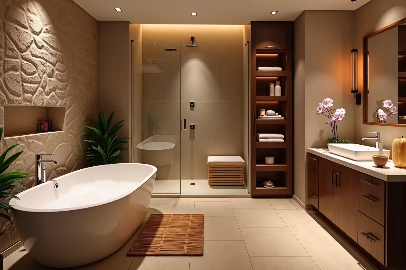 A tranquil and luxurious spa-like bathroom, bathed in soft ambient light. In the center, a freestanding bathtub filled with bubbles sits on an earth-toned stone floor, with a bamboo mat beside it. Behind the tub, a natural stone wall features a built-in, cascading waterfall faucet. The wall adjacent showcases a high-tech rain shower system, gleaming with high-quality fixtures. A custom wooden cabinet with recessed shelves is filled with plush towels, bath salts, and essential oils. On the countertop, a bamboo diffuser emanates a calming lavender scent. An elegant vanity with a sophisticated touchless faucet sits under a mirror with accent lighting. Nearby, a glass-encased sauna emits a warm glow. The room is tastefully decorated with indoor ferns and orchids, adding a touch of greenery. A discreet, waterproof sound system subtly installed in the corner plays soothing nature sounds, completing the immersive spa experience. This serene and inviting space breaks the mold of typical bathrooms, enticing the viewer with its blend of luxury, comfort, and natural elements