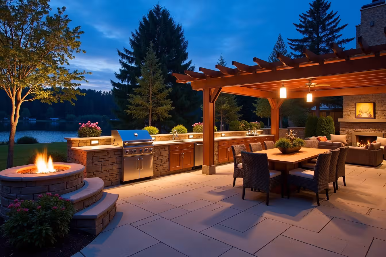 A scene at twilight, where the first hints of evening stars adorn the sky. At the center of the image is a luxurious outdoor kitchen, nestled gently in a tranquil backyard. It's beautifully crafted from durable materials like stone and stainless steel, with a large grill at the heart of the setup. A glass door refrigerator is subtly visible, reflecting the soft glow of the ambient lighting that illuminates the space. To the right, there's a spacious dining area, featuring a large wooden table surrounded by comfortable, high-quality outdoor furniture. An elegant pergola stretches over the entire area, providing shade and protection, with hanging lights casting a warm, inviting glow. To the left, there's a cozy lounge area with plush outdoor sofas and a rustic fire pit, its gentle flames dancing in the breeze. Above the grill, task lighting brightens the area for cooking, while soft lighting creates an inviting atmosphere around the dining and socializing areas. Throughout the scene, personal touches are scattered - a vibrant piece of artwork here, a pot of blooming flowers there, all reflecting the unique style of the homeowner. Finally, in the background, a breathtaking view of a serene lake enhances the overall beautiful and peaceful setting, creating a truly enticing image of an ideal outdoor kitchen for entertaining