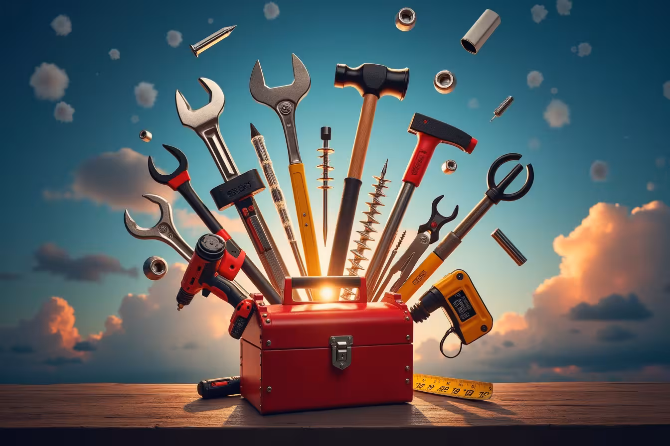 An image featuring an array of essential homeowner tools laid out in an unexpected, magical floating display against a twilight sky. The tools, including a hammer, screwdriver set, adjustable wrench, pliers, tape measure, utility knife, ladder, power drill, flashlight, and a toolbox, should be vibrant and meticulously detailed. Each tool should be displayed in a state of action, for example, the hammer should appear as though it is in the middle of striking a nail that floats in mid-air, the screwdriver twisting a floating screw, and the tape measure stretching out across the sky. The power drill could be drilling into a cloud, while the flashlight beams a ray of light across the scene. The toolbox should be at the center of the composition, appearing as a treasure chest amidst the floating tools, with compartments revealing different types of tools. The overall composition should strike a balance between realism and surrealism, drawing viewers in with its unique, pattern-breaking presentation of ordinary tools, while still clearly conveying the blog post's theme