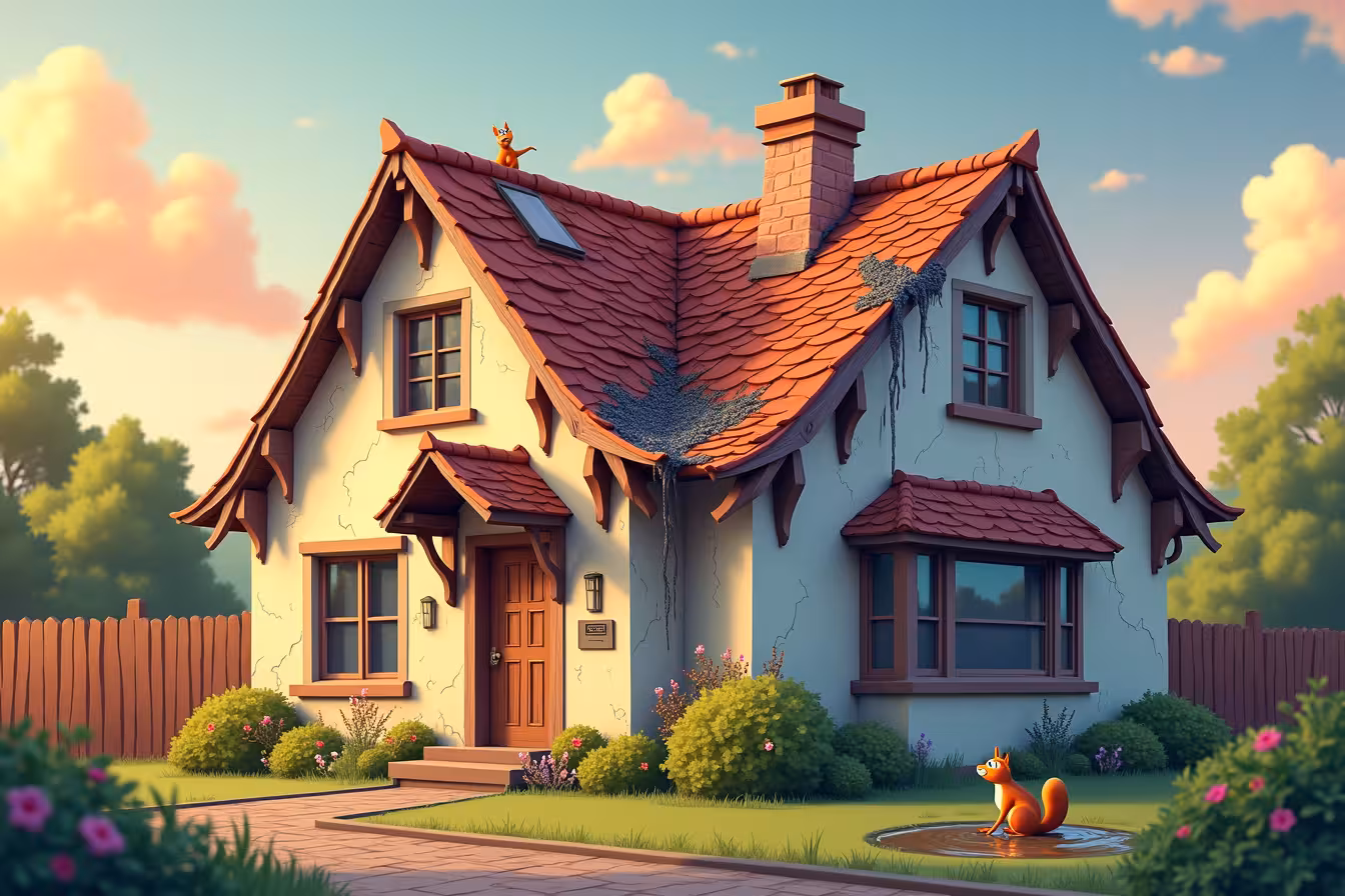 An image that features a dynamic and slightly exaggerated scene of a house in the midst of various roof-related issues. The house is quaint and charming, painted in a pastel hue, with a front garden vibrant with flowers, located in a quiet suburban neighborhood. The roof of the house is visibly old and worn-out, showing all five signs of needed replacement mentioned in the blog post. On one side of the roof, shingles are curling and cracking, with a few missing altogether, revealing the bare, weathered wood underneath. Near this area, a small pile of shingle granules can be seen collected in the gutter, subtly glinting in the sunlight. The middle part of the roof is sagging noticeably, with a couple of wooden supports visibly straining under the weight. The sagging area also features a tiny, whimsical character (perhaps a squirrel or a bird) looking alarmed or pointing at the sagging roof, to add a touch of humor and catch the eye. On the other side of the roof, a small puddle of water reflects the sky, indicating a recent leak. There are visible water streaks running down from this area. Above the house, the sky is a beautiful gradient of sunset colors, to contrast the problematic roof and make the image more visually pleasing. The entire scene should be rendered in a detailed, slightly cartoonish style, to make it more engaging and less intimidating despite the serious topic. The overall image should be a blend of exciting, strange, and enticing elements that relate directly to the blog post content