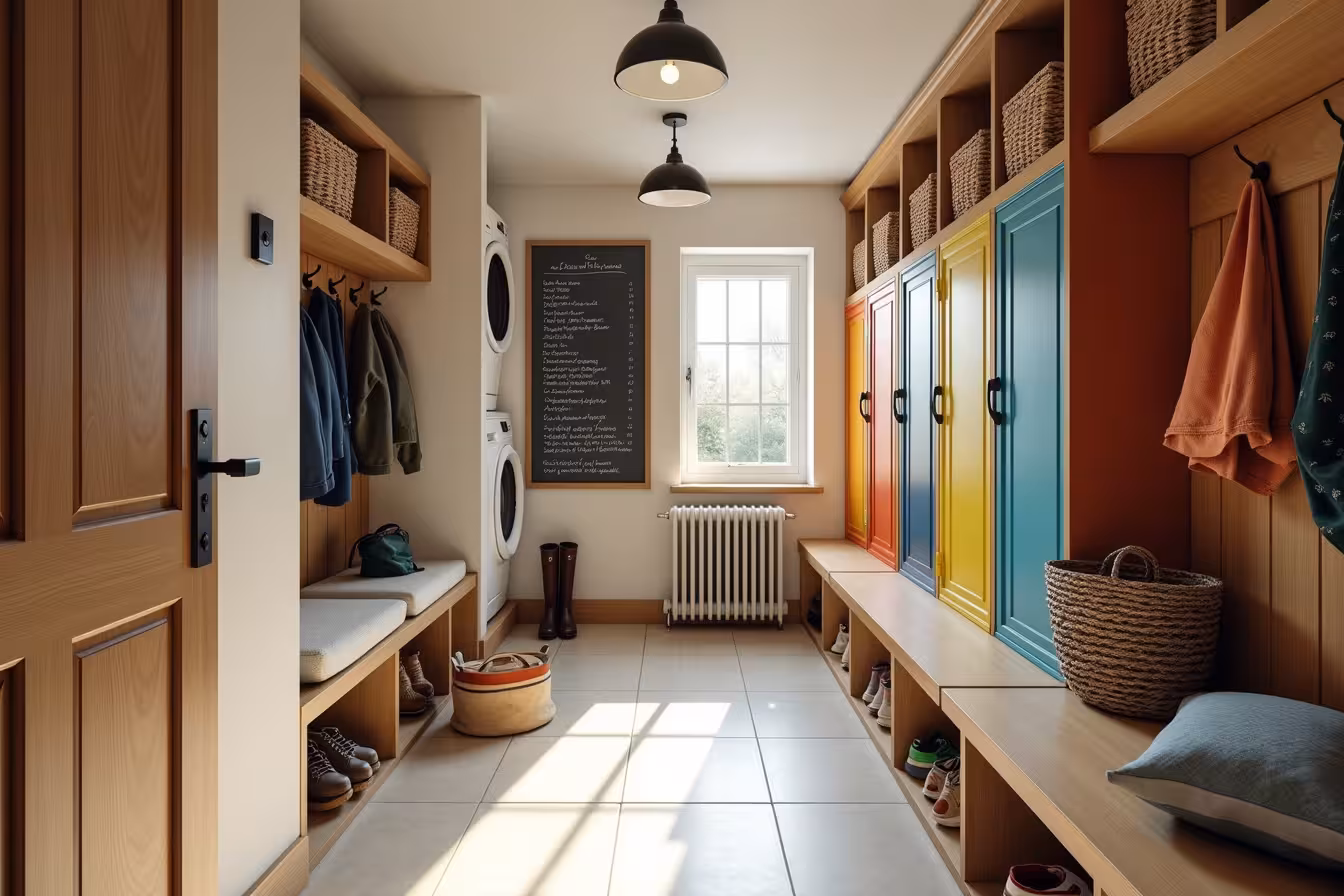 An eclectic yet harmoniously designed mudroom that perfectly illustrates the balance between function and style. The room's entrance should be a wide wooden door slightly ajar, revealing the organized chaos inside. The floor is made of easy-to-clean ceramic tiles in a light neutral color. To one side of the room, there should be a series of well-spaced, wall-mounted hooks holding a variety of coats and school bags. Directly below, built-in shoe racks are brimming with an assortment of family footwear. Nearby, a robust wooden bench with comfortable cushions sits atop built-in storage compartments, a pair of well-worn boots beside it. On the opposite wall, a set of vibrant lockers, each assigned to a family member, stands tall. Each locker door is a different color, reflecting the personalities of the family members. Above the lockers, open shelves hold neatly stacked sports equipment and extra pantry items. A small window lets in a stream of natural sunlight, illuminating the room, and an overhead light fixture promises brightness in the darker hours. The corner of the room reveals a part of a washer and dryer, indicating the dual-purpose nature of the room. On one wall, a chalkboard filled with handwritten reminders and to-do lists adds a personal touch. The room's design smartly utilizes vertical space, with high shelves and hooks for maximum storage. In the middle of the room, a floor drain can just be seen, hinting at the room's practicality. To complete the image, a gentle breeze from an unseen ventilation system stirs the coats on their hooks, adding a sense of movement and liveliness