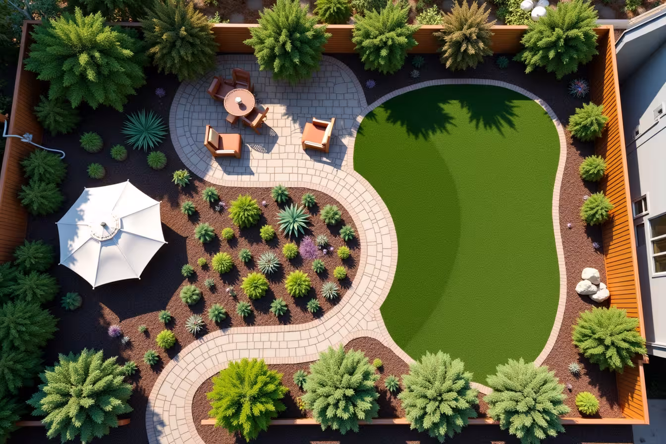 An aerial view of a beautifully organized, low-maintenance garden nestled in a suburban backyard. The garden should be designed using clean geometric shapes and patterns, with the majority of the area covered in lush, native plants and perennials, displaying a variety of colors and textures. Scatter a few drought-resistant plants and ornamental grasses for added interest. The garden also features a small, automated irrigation system, with tubes snaking discreetly through the garden, and a compact composting area on one side, filled with organic waste turning into nutrient-rich compost. Prominently, there should be a layer of rich, dark mulch covering the base of the plants, inhibiting any signs of weed growth. Hardscape elements like rocks, pavers, and a wooden deck should be incorporated into the design, reducing the overall gardening space and adding structure. On one side of the garden, replace the traditional lawn with a patch of clover, creating a vibrant green, low maintenance alternative. Throughout the garden, you can spot durable garden furniture made of weather-resistant materials, a sturdy fence, and long-lasting gardening tools neatly arranged. The overall feel of the image should be tranquil, organized, and efficient - a perfect haven for busy homeowners