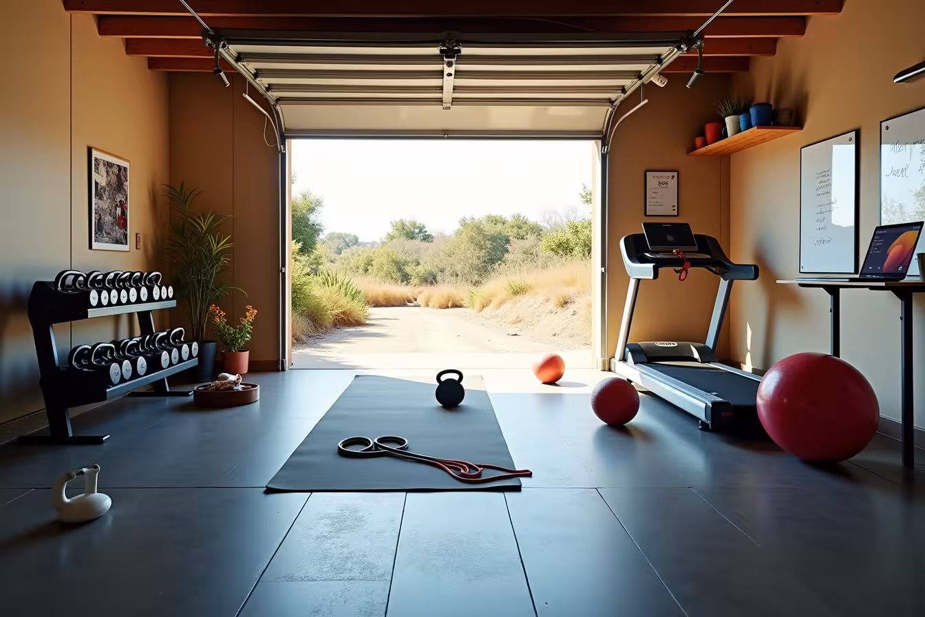 An inviting and well-organized home gym sitting in a large garage space. The room is bathed in warm sunlight pouring in from a half-open garage door. To the left, a set of adjustable dumbbells and kettlebells are neatly arranged on a compact tiered rack. Nearby, a homemade weight, created from a milk jug filled with sand, has been placed as a testament to budget-conscious creativity. In the center of the room, a yoga mat is spread out with resistance bands and a stability ball nearby, ready for use. To the right, a treadmill is strategically positioned to face the view outside the garage door, creating an illusion of outdoor running. Foam tiles cover the floor, providing a safe and comfortable workout surface. On the farthest wall, an open laptop sits on a small table, displaying a fitness app with a virtual class ready to start. In one corner, a small shelf holds a first-aid kit, reminding us of the importance of safety. Above the shelf, a whiteboard hangs with the written budgets and fitness goals, serving as both a reminder and motivation. This image is a blend of practicality and dedication, a symbol of a realistic approach to fitness at home, while still being unusual and eye-catching