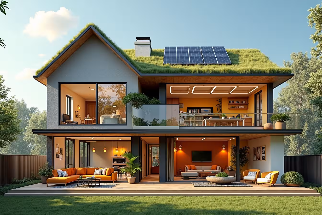 An eclectic, multi-story house built with sustainable, recycled materials, and featuring solar panels on a green roof. A smart home hub is visible in the living room, featuring a digital interface with a variety of connected devices. The interior design is a fusion of minimalism and maximalism. On one side, there's a minimalist space with clean lines, neutral colors, and uncluttered spaces featuring modern, sleek furniture. On the other side, there's an explosion of bold colors, elaborate patterns, and diverse textures representing the maximalism trend. The house should have a room that transforms from a cozy living room into a functional office space, showcasing the trend of multifunctional spaces. This living room-office is painted in warm, comforting earth tones. Biophilic design is evident throughout the house, with indoor plants, nature-inspired patterns, and colors, and furniture made of natural materials. A large window or glass wall could reveal an outdoor living space, complete with comfortable furniture, a weatherproof TV, and an outdoor kitchen. In one room, show age-in-place features, such as wider doorways and a walk-in shower. The overall design should evoke a sense of comfort and functionality, reflecting the trends predicted for home design in 2025. To add an element of surprise, have a floating robot assistant hovering near the smart home hub, representing the continuous integration of technology in our daily lives. This image should be as detailed and vibrant as possible to captivate viewer's attention and entice them to read the blog post