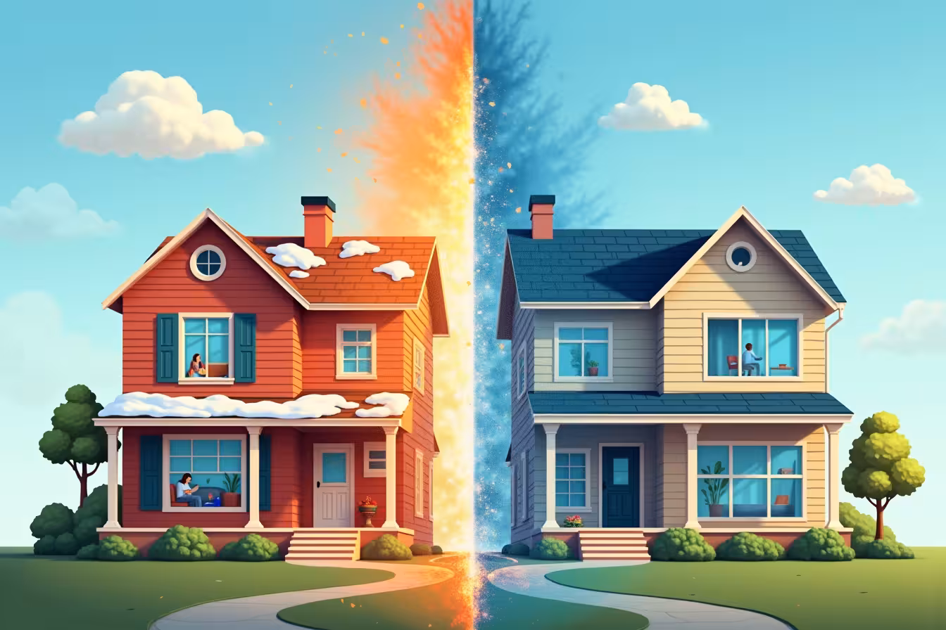 A concept of two contrasting houses side by side. The house on the left should be a traditional, older-styled house with visible cracks and gaps, implying poor insulation. Show the outside temperature harshly affecting this house, with visible snow in winter or harsh sunlight in summer. The house on the right should be modern and sleek, representing a well-insulated home. Show a visible barrier around this house, symbolizing insulation. This barrier should be reflecting away the extreme weather, representing the house's resistance to external temperature changes. Within each house, depict their respective internal environments. The traditional house should have discomforted occupants, with visible drafts and cold or hot spots. The modern house should have comfortable occupants enjoying a stable and cozy internal temperature. Between the houses, include a vertical split-screen effect, showing a dramatic comparison of energy usage. The poorly insulated house should have a traditional, old-fashioned meter spinning rapidly, indicating high energy usage. The insulated house should have a modern, digital energy meter showing significantly lower energy usage. Surround the houses with a natural environment, with trees showing signs of seasonal change to emphasize the year-round benefits of insulation. On the modern house side, show a greener environment, symbolizing its reduced carbon footprint. At the bottom of the image, depict a cross-sectional view of the modern house's walls, roof, and floor, showing different types of insulation materials like fiberglass, cellulose, and foam. In the sky above the houses, place the blog title: 'The Benefits of Insulating Your Home: Where to Start', with each word of the title floating like a cloud. This design will capture the concept of your blog post, providing a visual representation of the benefits of home insulation. The dramatic contrast between the two houses will serve as a pattern-break, drawing the viewer's attention and enticing them to read the article