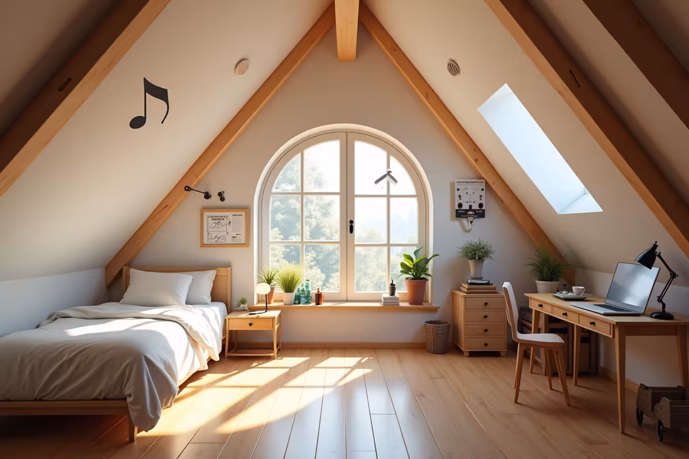 A whimsical, yet inviting attic space with a surreal twist to catch the viewer's eye. The attic is spacious and well-lit, with a beam of natural sunlight streaming through a circular window, casting playful shadows on the wooden floor. There is a quirky combination of a bedroom and a home office in the attic. The bedroom features a cozy bed with light-colored linens tucked into one side, while on the other side, there's a quaint wooden desk with a vintage lamp casting soft light onto a laptop and a pile of books. The attic is well-insulated, as indicated visually by fluffy white spray foam insulation visible between exposed wooden beams on the ceiling. A small, stylish roof vent is situated near the ceiling peak, symbolizing proper ventilation. A subtle glow of hidden LED lights illuminates the space, reflecting off the white walls, making the room appear larger and bright. In one corner, there's a compact bathroom area with a hint of copper plumbing lines and electrical wires subtly visible, signifying the utility installations. Soundproofing is represented by a floating musical note being absorbed by the wall. The attic's safety measures are subtly presented with a small, sleek smoke detector on the ceiling and a compact, modern fire extinguisher on the wall. Space-saving furniture, such as a foldable chair and built-in shelves, is used cleverly, and a miniature staircase with a tiny exit sign indicates an emergency exit. In the background, a professional electrician and a plumber are seen working, representing professional help. The entire scene is encapsulated within an outline of a house blueprint, hinting at adherence to building codes. This surreal and enticing image will pique the viewer's curiosity, encouraging them to learn more about turning an attic into a liveable space