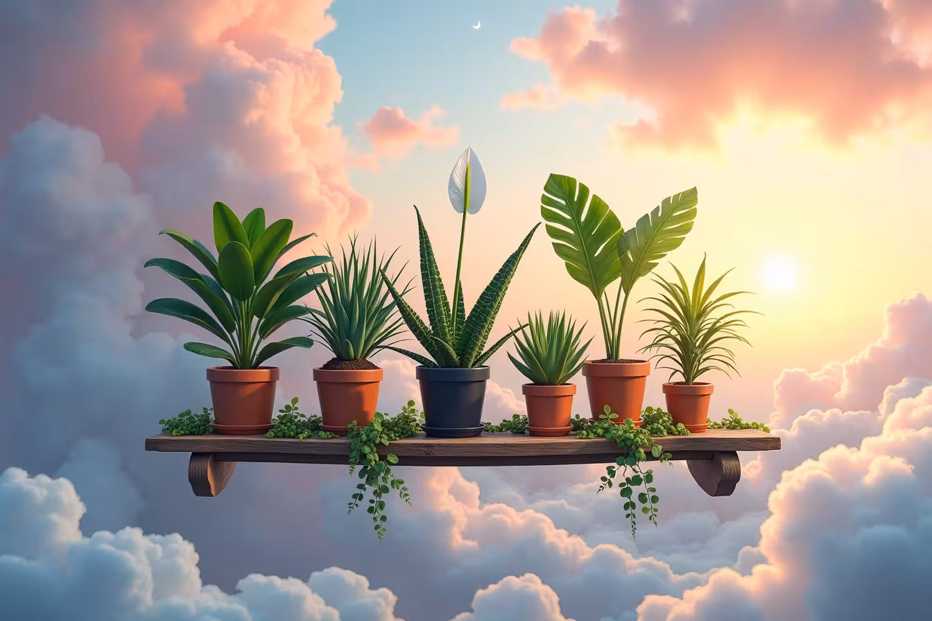 An image of a small, whimsy indoor garden floating in the middle of a surreal, ethereal sky. The garden hosts various potted plants in a carefully arranged pattern on an antique wooden shelf. Each of the ten plants mentioned in the blog post is represented: a Snake Plant, Spider Plant, Peace Lily, Boston Fern, Aloe Vera, Rubber Plant, English Ivy, Golden Pothos, Bamboo Palm, and Philodendron. The plants are lush and thriving, each radiating an aura of freshness and vitality. The Snake Plant and Spider Plant are positioned at the two ends of the shelf, their long, thin leaves forming a delicate arch over the other plants. The Peace Lily, with its glossy leaves and elegant white flowers, sits in the center, surrounded by the Boston Fern's feathery fronds and the Aloe Vera's distinctive spiky silhouette. The Rubber Plant, with its dark green, glossy leaves, is placed next to the English Ivy, its trailing vines cascading down the shelf. The Golden Pothos' heart-shaped leaves are juxtaposed against the Bamboo Palm's feather-like fronds. The Philodendron, with its large, glossy leaves, anchors the arrangement on the other end of the shelf. The sky surrounding the floating garden is a mesmerizing swirl of pastel colors - blending hues of soft pink, lavender, and baby blue. The scene is bathed in the warm glow of the setting sun, casting long, dramatic shadows and highlighting the textures and colors of the leaves. In the distance, a few small, fluffy clouds are scattered, and tiny, glimmering stars are beginning to appear, hinting at the approaching twilight. The image is serene yet vibrant, infusing the everyday scene of indoor plants with an air of magic and wonder, inviting the viewer to dive into the article and discover the secrets of these air-purifying plants