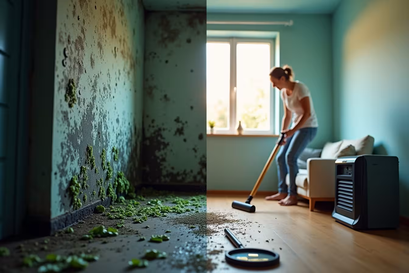 A visually thrilling split-screen image that beautifully contrasts two different scenarios. On the left side, A dark, damp, and gloomy room. The room is filled with eerie green and black mold patches growing on the walls, under the carpet, and on household items, giving a clear sense of neglect and danger. A small drop of water is seen dripping from a leaky pipe, contributing to the dampness. The room is dimly lit to emphasize the mold's threatening presence. On the right side, A bright, clean, and well-maintained room. The room is well-lit and dry with fresh air circulating from an open window. The walls are painted in a calming color and are spotless, projecting a sense of cleanliness and mold-free environment. A dehumidifier is working in the corner, and a woman is seen cleaning the room with a smile, symbolizing prevention and control. There is a view of a sunny day outside the window, emphasizing the contrast between a mold-infested and a clean, healthy living environment. In the middle of the split-screen image, A thin vertical line dividing the two scenarios. On this line, place a magnifying glass that is zooming in on a mold testing kit, symbolizing the crucial role of mold detection and removal in transitioning from a mold-infested to a mold-free environment. The magnifying glass also serves as a bridge between the two contrasting scenarios, signifying the transformation that can happen with the right knowledge and preventive measures