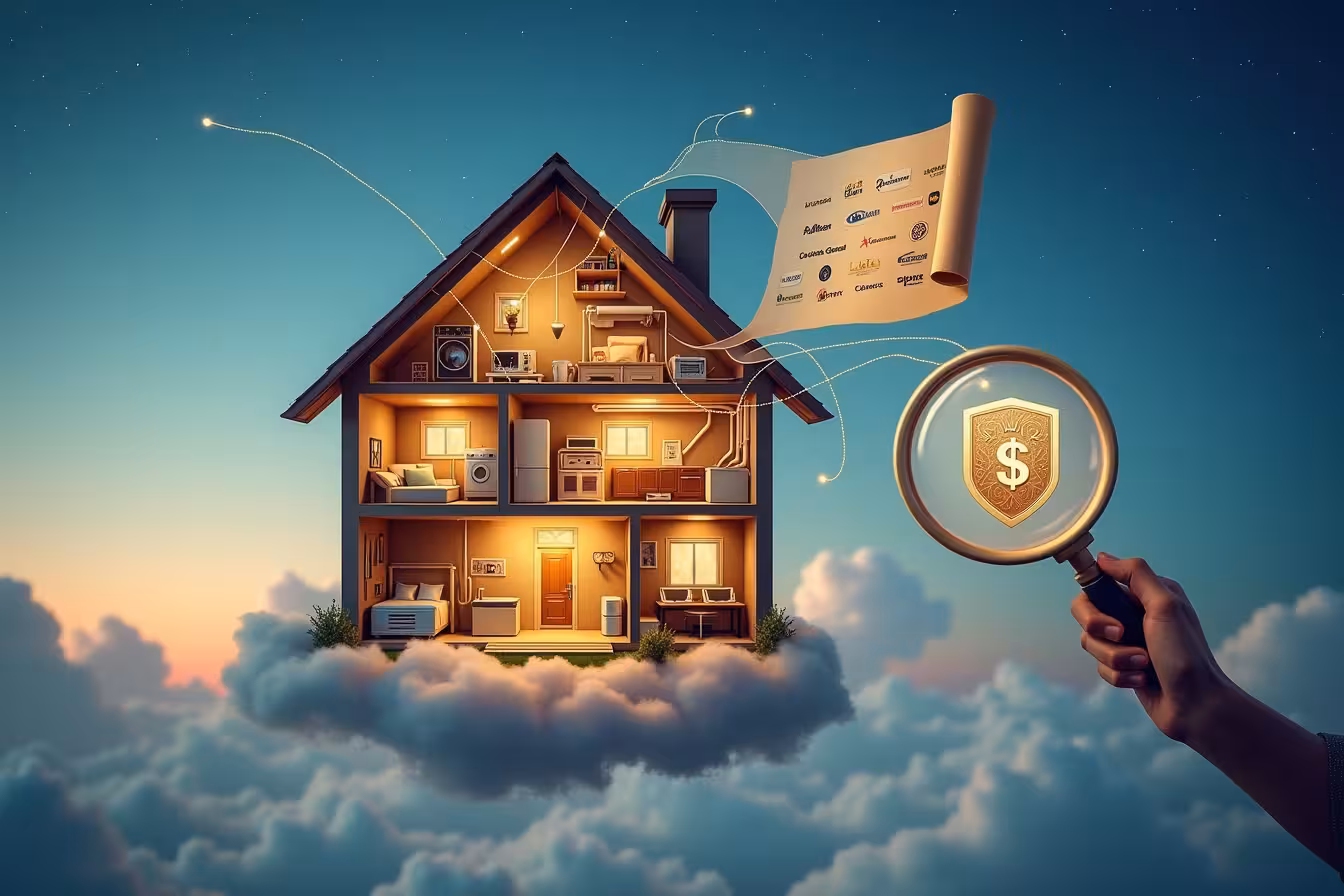 A whimsical, slightly surreal image of a typical suburban house floating on a cloud. The house is cut in half to reveal a cross-section, making the interior visible. Inside, you can spot common household appliances and systems such as electrical wiring, plumbing pipes, a refrigerator, a dishwasher, an oven, a washer/dryer, a heating system, and an air conditioning unit. Each of these items is glowing with a soft, reassuring light to symbolize their coverage under a home warranty. These glowing items are connected by a network of golden threads to a shield emblem, which symbolizes the protection of the home warranty. The shield is emblazoned with symbols of a dollar sign and a peace sign, representing financial peace of mind offered by the warranty. Beneath the floating house, on the ground, a few other items are depicted, such as a swimming pool, a spa, and a septic system. These items are in the shadows, signifying that they are not typically included in a standard warranty but can be covered under additional plans. In the background, a variety of different company logos are subtly displayed, representing different home warranty providers. Above the house, there's a transparent scroll unfurling from the cloud. On it are imprinted words like Coverage Details, Exclusions, Claim Process, Cost, and Choosing a Provider - key points from the blog content. The entire image is encapsulated within a magnifying glass held by a pair of hands, hinting at the need to scrutinize and understand the details of home warranty coverage. The sky backdrop is a beautiful twilight scene with stars beginning to appear, adding a touch of magic and wonder to the overall image. This composition combines elements of the ordinary (home appliances) with the extraordinary (a house floating on a cloud), making it visually engaging, thought-provoking, and perfectly aligned with the blog content