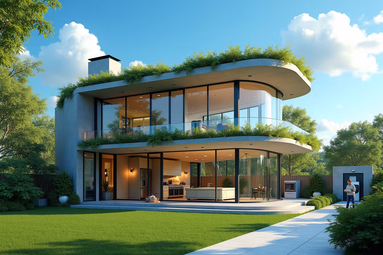 A striking, visually rich scene of a futuristic energy-efficient house, located in a distinctive Toronto neighborhood. The house has a modern design with glass walls, highlighting its energy-efficient features. Start with a vibrant, clear blue sky overhead, dotted with a few fluffy white clouds, indicating a pleasant, sunny day. The house is topped with a lush green roof, covered in a diverse array of flora, soaking up the sunlight, showcasing the concept of green roofing. The house's exterior walls are made of high-efficiency double-glazed glass, reflecting the surrounding area and showcasing their insulating properties. The windows allow a glimpse into the home, where energy-efficient LED lights are glowing softly. On one side of the roof, there's a set of sleek, shiny solar panels, angled towards the sun, demonstrating the house's commitment to renewable energy. The entrance of the house is a thick, modern door, suggesting good insulation, with a smart thermostat visible on the wall just inside the entrance. Nearby, an energy-efficient HVAC system is quietly operating, cleverly integrated into the design of the house. Next to the house, there's a stylish outdoor laundry area with Energy Star-rated appliances including a refrigerator, dishwasher, and washing machine. In the background, a professional is performing a home energy audit with a clipboard and specialized equipment, analyzing the house‚Äö√Ñ√¥s energy efficiency. A tankless water heater is visible on the side of the house, complementing the other energy-saving features. The entire image should have an exciting, futuristic feel that piques curiosity, ultimately drawing the viewer in to learn more about energy-efficient home improvements in Toronto