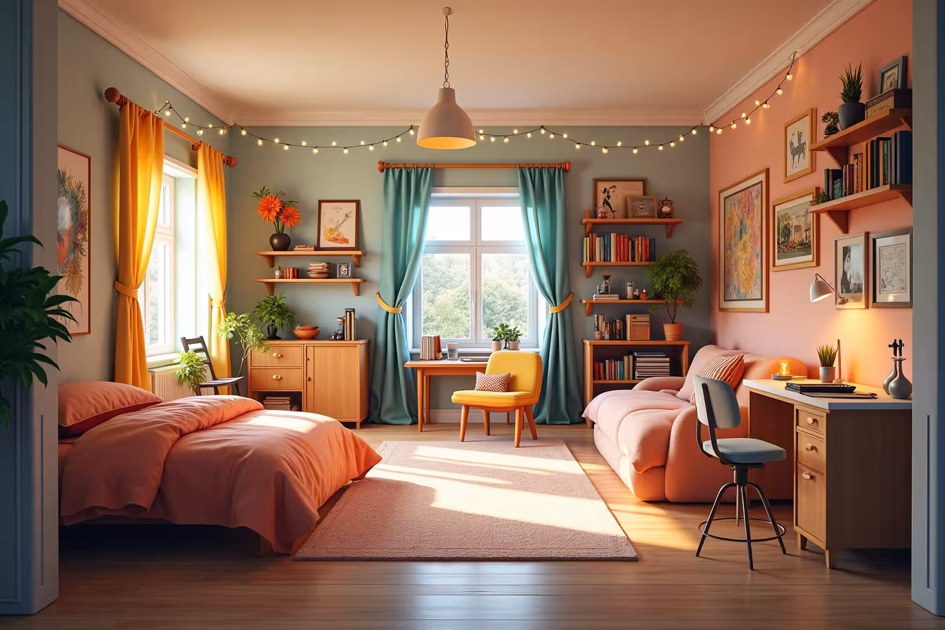 A whimsical, multi-dimensional space brimming with creativity and imagination. Picture an open door leading into a room, with each corner of the room morphing into a different theme. To the left, a cozy home office, a desk laden with a laptop, a cup of steaming coffee and a charming potted plant. The center of the room transitions into a snug guest room with a plush bed, a side table featuring a petite reading lamp, and a chair with a stack of books awaiting a reader. The right corner molds itself into a well-equipped home gym with a yoga mat, free weights and a sleek treadmill. A step further into the room reveals an art studio with easels, paint brushes and a beautiful canvas depicting an abstract painting. Adjacent to it, a serene meditation space with soft light filtering in through a window, illuminating a yoga mat and a couple of scented candles. Next, a wall filled with bookshelves, a cozy reading nook with a comfortable chair, a reading lamp and a small table with a teapot and a cup. Followed by a music-filled space with a guitar propped up on a stand and a violin resting in its case. The room opens up into a home theater with a large screen displaying an engaging movie, plush seats and a popcorn machine on the side. A craft corner filled with colorful threads, a sewing machine, and a peg board with various tools. Lastly, a game room with a pool table in the center, board games stacked on a shelf and a small bar with a couple of high stools. This magical room is enclosed within pastel walls, a warm wooden floor, and a ceiling dotted with twinkling fairy lights. The room is a beautiful chaos, a pattern-break in interior design, showcasing the limitless possibilities of an unused spare room