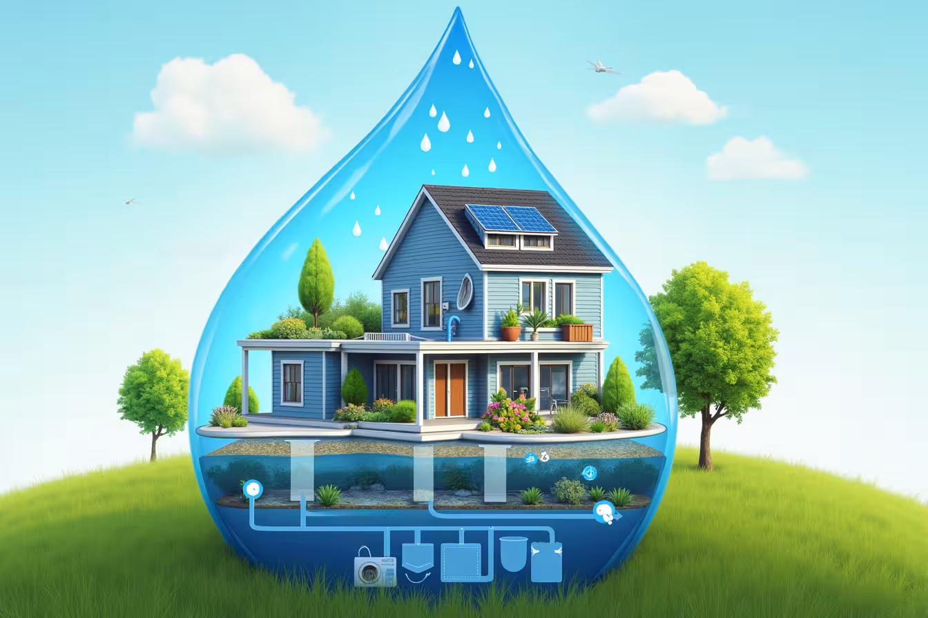 An image that is a surreal collage of a modern eco-friendly house with a variety of water-saving upgrades. The house should be in the shape of a giant water droplet and set in a vibrant green landscape. Starting from the top, depict a rainwater harvesting system with stylized raindrops falling into it. Let the droplet-shaped house also have a roof made of solar panels. On the sides of the house, include low-flow faucets and showerheads with water trickling out, symbolizing limited water flow. On one side of the house, show a high-efficiency toilet with a dual-flush button and a washing machine with an Energy Star certification badge. On the other side, represent a drip irrigation system watering native plants in a vibrant garden. Include a swimming pool covered with a transparent pool cover, and an outline of a greywater system underneath the house, showing water being recycled from the house to the garden. Finally, show insulated water pipes running along the bottom edge of the house, with a small stream of water leading to a hot water tap. Blend the various elements together fluidly to A cohesive image. Use a bright color palette with lots of blues and greens to make the image eye-catching and to symbolize the water-saving theme