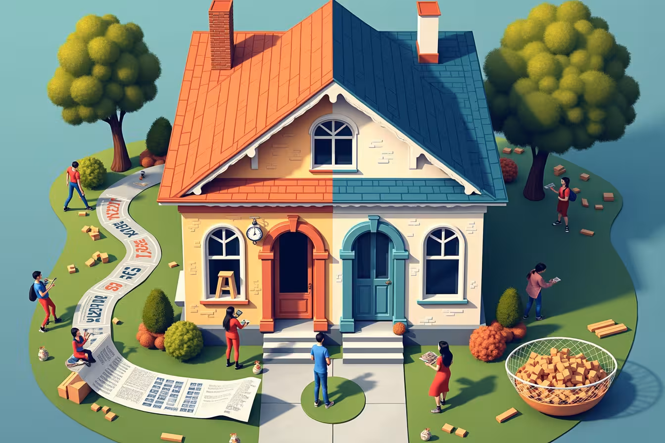 An overhead scene of a home renovation in progress in a Toronto neighborhood. The house should be half in its original state and half in a beautifully renovated state, showcasing the stark contrast between old and new. Scattered around the house are clear, distinguishable elements that signify each of the blog content points: a blueprint with numbers and calculations symbolizing budget planning, a checklist displaying prioritized tasks, multiple estimates scattered around from various contractors, a homeowner engaged in a DIY task like painting, recycled materials being used creatively, a professional advisor discussing plans with the homeowner, and a negotiation happening with a contractor. In one corner, A safety net filled with extra building materials, signifying the budget set aside for contingencies. Lastly, a clock hanging on the wall, representing patience and the passing of time for the renovation. The overall scene should have an exciting, slightly chaotic but progressive feel to it, reflecting the hustle and bustle of a home renovation project