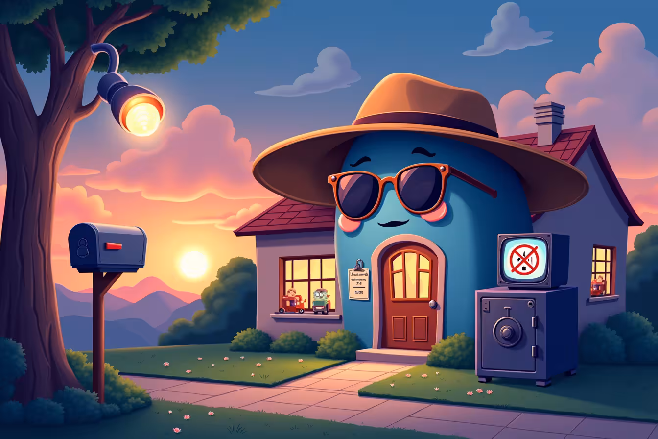 A visually rich, cartoon-style illustration of a home set against a twilight sky. The house should have a charming, friendly demeanor with anthropomorphic features such as eyes for windows and a door for a mouth. The house is wearing a safari hat and sunglasses, symbolizing the concept of travel. In the foreground, a security camera is mounted on a tree, scanning the area with a visible infrared beam. A smart light bulb, glowing with a soft light, is replacing the sun in the sky, setting the scene of an evening with a timer symbol incorporated into its filament. The mailbox in front of the house is visible, but it's sealed with a 'paused' icon, indicating stopped mail delivery. There's a lawn that looks well-kept, with a robotic lawnmower parked on one side. On one side of the house, a closed window is shown with a sturdy deadbolt lock and security bars. On the other side, there's a TV visible through the window, with visible sound waves emanating from it, demonstrating a timer-controlled electronic device. There's a friendly neighbor waving from the house next door, parking his car in the driveway. A wifi signal symbol with a lock icon floats above the house, indicating a secure network. On the house's front door, there's a 'Do Not Disturb' sign with a social media logo crossed out, pointing to not advertising travel plans online. Lastly, the house is standing on a safe, symbolizing the use of a safe for valuable items. The safe should look strong, fireproof, and waterproof, with a visible keyhole and a heavy-duty dial. This image should use bright, appealing colors and a slightly exaggerated style to make it eye-catching and engaging, while still clearly conveying the main points of your blog post