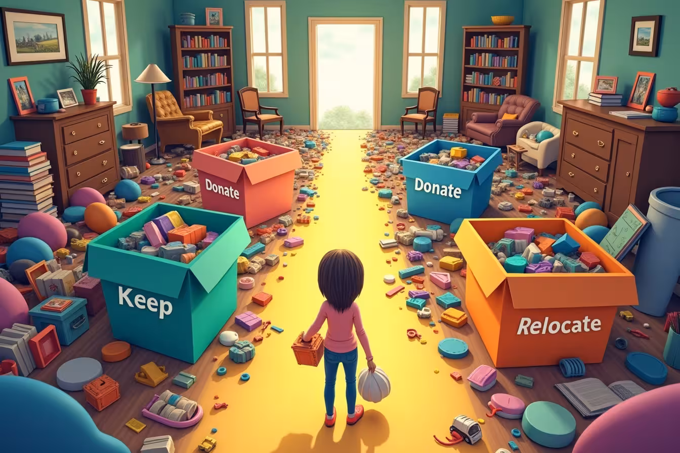 A whimsical, slightly surreal scene in a typical home setting. The room is filled with a chaotic mixture of random items - books, furniture, toys, kitchen utensils, and more - piled haphazardly everywhere. Amidst this chaos, there's a clearly defined pathway leading from the foreground to the background, representing the gradual process of decluttering. Along this path, four oversized, brightly colored boxes labeled 'Keep', 'Donate', 'Trash', and 'Relocate' are placed strategically. Each box is illustrated with relevant items - 'Keep' could have favorite books and a cherished photo frame, 'Donate' could be filled with clothes and toys in good condition, 'Trash' showing broken and unusable items, and 'Relocate' showcasing items like misplaced kitchen utensils or tools. A character (make it a stylized, cartoonish figure for an added sense of fun) is standing at the start of the path, holding an item and looking uncertain, symbolizing the initial struggle of deciding what to do with each item. In the background, we see the same room but clean, organized, and serene - a stark contrast to the cluttered foreground. The transition from cluttered to clean should be gradual and smooth along the path, symbolizing the progress made by decluttering. The color palette is bright and engaging, and the overall style should be fun and slightly exaggerated, creating a visually engaging contrast to the serious topic of decluttering. The scene is lit with warm, welcoming light, inviting viewers to join in on the decluttering journey