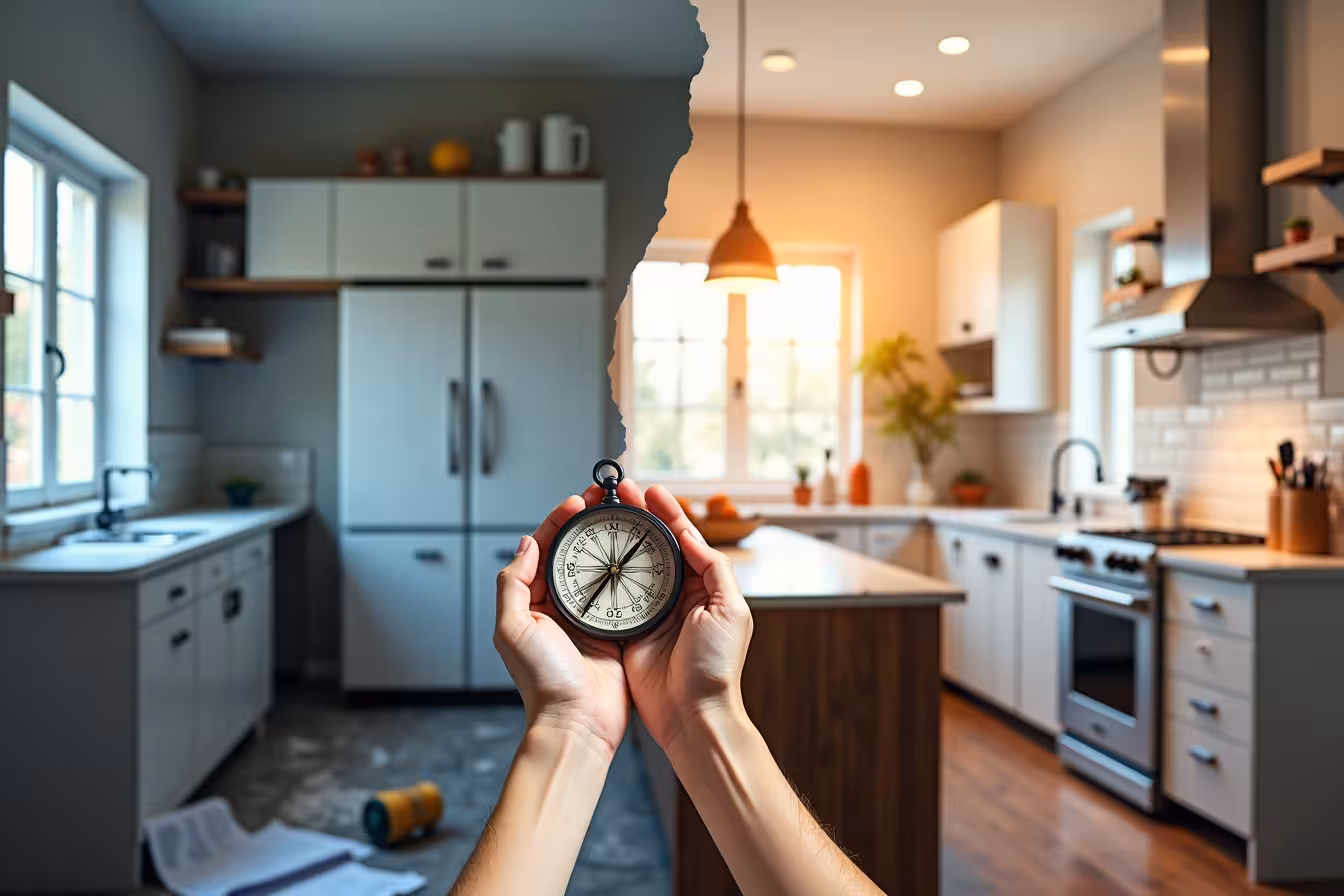 An image that captures the chaos and creativity of a kitchen remodel. The picture is divided in a diagonal manner, creating two contrasting scenarios. On the left side, a kitchen in the middle of a remodel, with tools scattered around, a blueprint lying on the countertop, loose wires hanging from the ceiling, old cabinets half-removed from the wall, and tiles being replaced on the floor. On the right side, a sparkling new kitchen with modern appliances, beautiful pendant lights illuminating the space, a large kitchen island with a marble countertop, sleek cabinets, and a stylish backsplash. A pair of hands in the middle of the image bridging the two scenarios, holding a compass on the left side suggesting planning, and a cup of coffee on the right side signifying enjoyment of the newly remodeled kitchen. The image is a vibrant and exciting pattern-break, combining the realities of a kitchen remodel with the dream result in a single, enticing image
