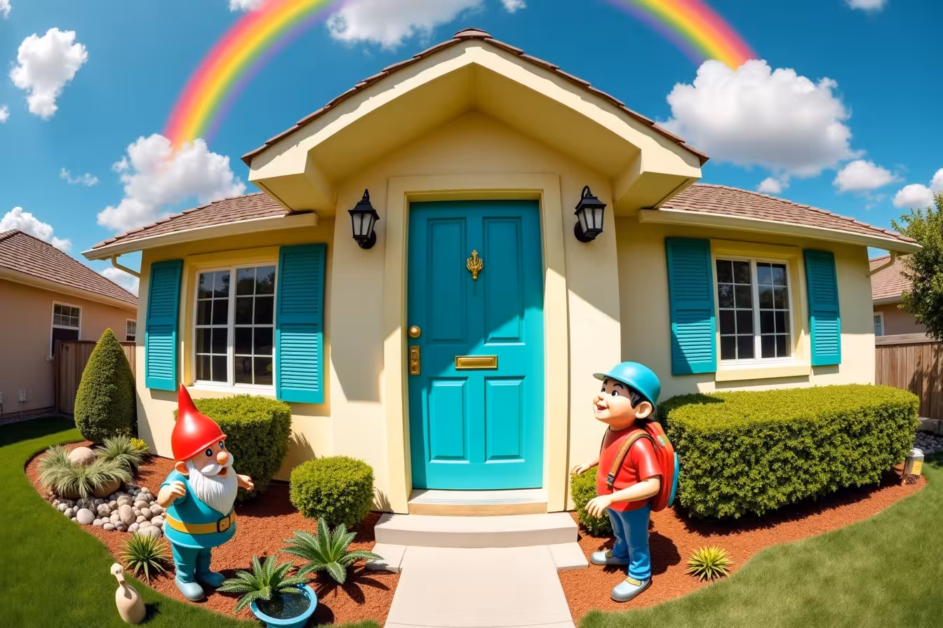 A quirky, eye-catching scene that breathes life into everyday home improvement activities. At the center, a radiant front door stands, freshly painted in a vibrant shade of teal, with a shiny new brass doorknob and knocker. To the left, a whimsical character, like a cheerful garden gnome, is busily upgrading outdoor lighting fixtures, hanging modern lanterns on posts along the pathway and around the entryway, casting an inviting glow. To the right, another character, perhaps a diligent fairy, is enhancing the landscaping, trimming hedges into fun shapes, planting colorful flowers, and arranging stones around a small, sparkling patio water feature. Above, a friendly cloud is playfully replacing old house numbers and mailboxes with new, stylish hardware. The house itself is being refreshed by a lively rainbow, its colors transforming into fresh exterior paint, carefully covering the home's facade while preserving its architectural style. This entire scene is captured as if through a fish-eye lens view, making the home look like a small, appealing planet floating in space, thus breaking the typical pattern of home improvement visuals