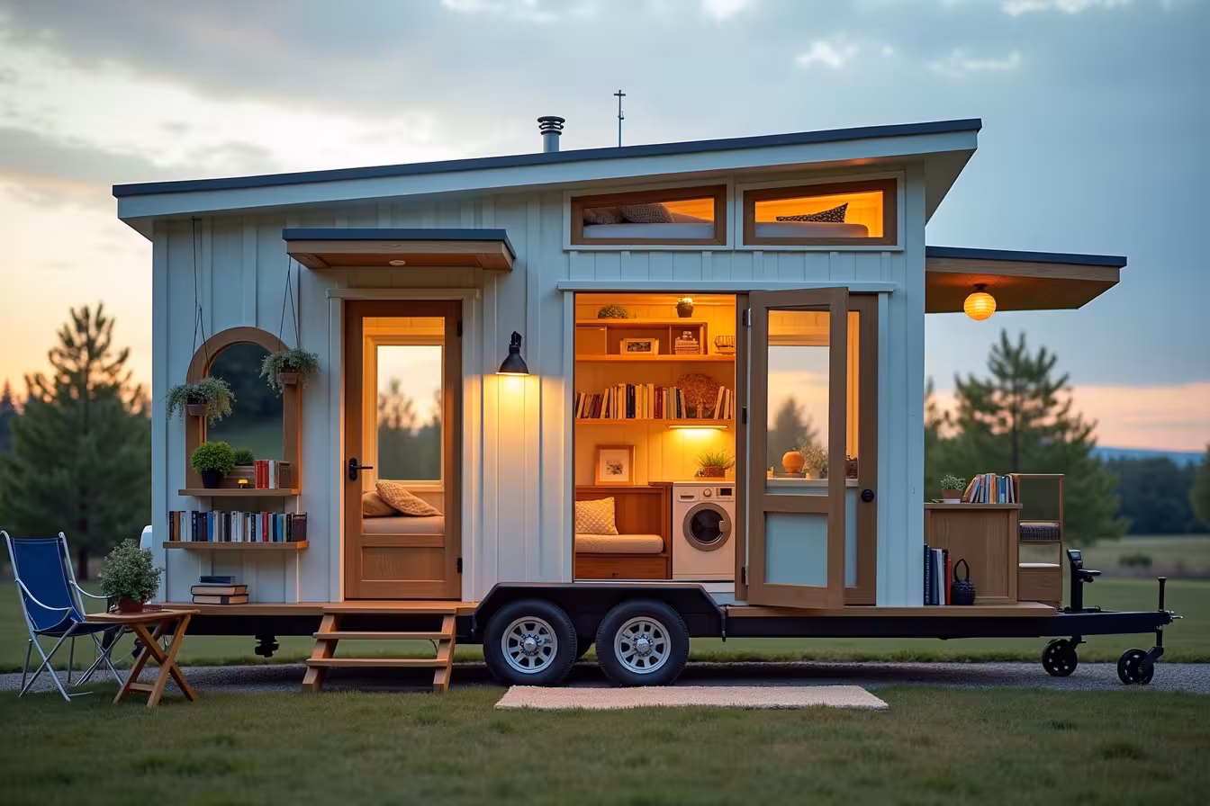 A miniature, whimsically designed tiny home set against a serene dusky sky. The home is a perfect blend of innovative design and practicality, demonstrating how small spaces can be maximized creatively. The exterior of the home is painted in a light pastel color, reflecting the last rays of the setting sun, symbolizing the tip of using light colors to make a room appear larger. A large mirror is strategically placed on one side of the home, reflecting the surrounding greenery, hinting at the tip of using mirrors to An illusion of larger space. In one corner of the home, a compact, fold-out table is mounted on the wall, adjacent to wall-mounted shelves holding an array of books and small potted plants. The fold-out table is half-open, revealing a miniature chair tucked underneath, symbolizing multifunctional furniture. On the other side of the home, a sliding door is half-open giving a peek into the home. Inside, you can see a loft bed on the top, with a cozy living area underneath it. Behind the living area, a room divider separates a small workspace. In front of the tiny home, a few pieces of compact and portable furniture like folding chairs and a rolling kitchen cart are arranged, ready to be moved or tucked away. You can also see stackable miniature appliances like a washer and dryer set placed neatly beside the home. The whole scene is enigmatic and intriguing, making the viewer curious about the innovative ways of maximizing small spaces in tiny homes. The image is not only visually engaging but also perfectly encapsulates the essence of the blog post