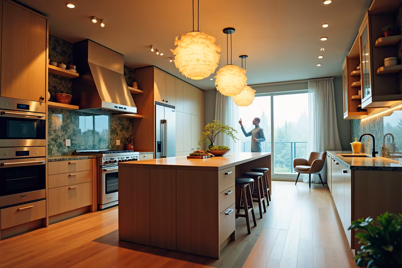 A whimsically surreal kitchen, where the conventional rules of design are playfully defied. The perspective is that of someone standing at the entrance of the kitchen, their gaze drawn in by the peculiar yet inviting layout. The kitchen is designed in an open plan style, with an oversized, gleaming double oven defying gravity and floating in the air to the left, symbolizing the resident's love for baking. In the center, a large wooden island is adorned with an array of gleaming appliances, including a high-tech, energy-efficient refrigerator and stove, which are somehow neatly embedded within the island's surface. Above the island, a trio of statement light fixtures are suspended, casting a warm and inviting glow. They are of varying styles, each one more unique than the last, embodying the owner's personality. To the right, a set of floating cabinets, shelves, and drawers appear, each opening to reveal a limitless storage space beyond their physical boundaries. Above this, an ethereal range hood hovers, drawing up any invisible cooking smells into its formless vent. The back wall of the kitchen showcases a backsplash of enchanted forest scenery, transitioning smoothly into the actual countertop made of shimmering quartz. The floor beneath is a seemingly living hardwood that ripples gently like a still pond. At the far end of the kitchen, a transparent, spectral figure of a professional kitchen designer is seen, holding a blueprint of the kitchen and giving a thumbs-up. This image, strange and enchanting, is a fantastical representation of the process and considerations involved in designing the dream kitchen