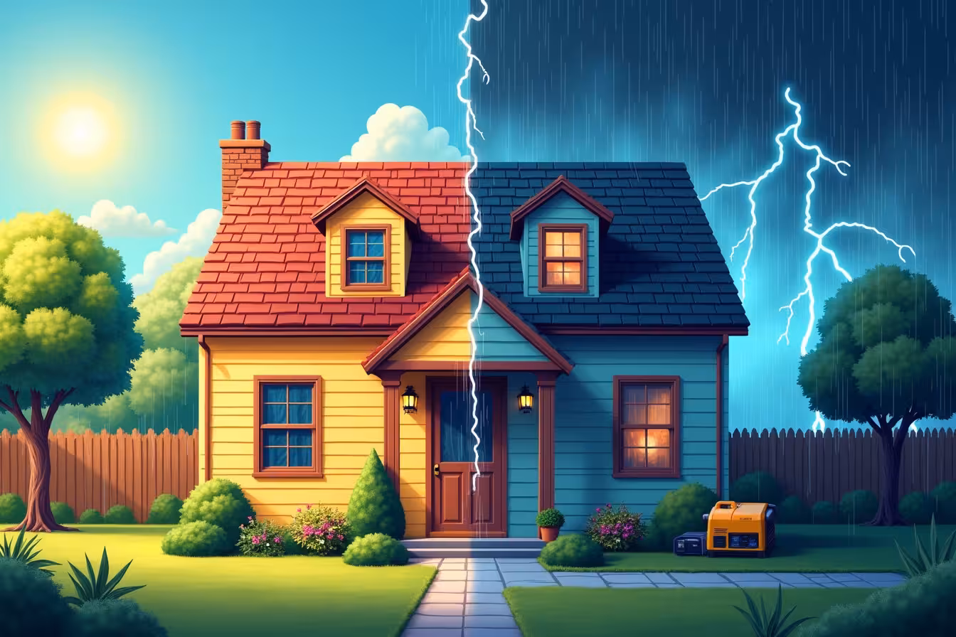 An intriguing split-image composition that represents the protection of a house during severe weather. The left half of the image shows a vibrant, well-maintained house in a sunny, idyllic setting. The house has sturdy storm doors and windows, and its roof is reinforced with visible straps. Nearby, there are neatly trimmed trees, clean gutters, and a garden with all loose objects secured. A sump pump and generator are subtly placed by the house. This side represents a home prepared for severe weather. On the right half of the image, the same house is depicted during a severe, tumultuous storm - wind, rain, and lightning encompass the scene. Despite the harsh weather, the house stands firm and undamaged, showing its resilience. The storm doors and windows remain intact, the trimmed trees are sturdy against the howling winds, and the reinforced roof resists the torrential downpour. The generator is lit up, implying it's providing power, while the sump pump works to clear a puddle forming near the house. The image is a striking contrast of calm preparedness and harsh weather conditions, effectively illustrating the blog's key message of protecting your home from severe weather. The vibrant colors of the sunny day versus the dark, stormy weather further emphasize this contrast, drawing the viewer's attention and sparking their interest in the blog post