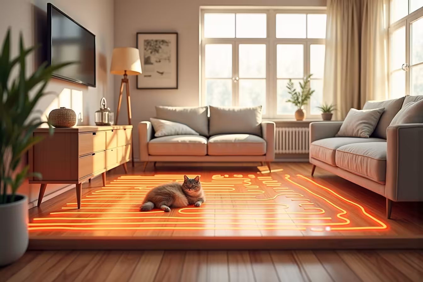 A 3D cutaway view of a modern, inviting living room. The room features tastefully arranged furniture, no visible radiators or vents, and large windows letting in ample natural light. The color scheme is warm and neutral. The floor is a beautiful hardwood. Underneath a section of the floor, illustrate a radiant floor heating system with glowing, warm colors to signify the heat - perhaps reds, oranges, and yellows. Show the heat radiating upwards, warming the objects in the room directly, depicted by gentle, wavy heat lines. To the side of the room, include a small, easy-to-read infographic that lists the key points from the blog post: high efficiency, comfortable and consistent heat, healthier indoor air quality, silent operation, easy to install and maintain, increased home value, versatility, environmental friendliness, aesthetically pleasing, and improved safety. To add a bit of quirk and catch the viewer's attention, include a cute house cat or dog comfortably lounging on the warm floor, looking content and cozy. Across the top of the image, in bold, elegant typeface, include the blog post title: Is Radiant Floor Heating Worth the Investment