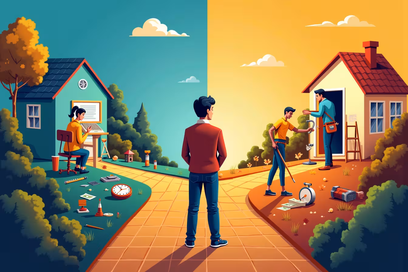 A rich, high-contrast image that visually narrates the decision-making process between DIY and professional home repairs. At the forefront, depict a thoughtful homeowner standing at a crossroads. The path on the left should lead to a DIY zone filled with common tools like a paintbrush, hammer, and a tile cutter, symbolizing simpler tasks. A half-painted wall or a half-tiled floor can be seen. The zone should also have a computer open to a DIY tutorial or a book guide, and a clock depicting the time investment. The path on the right should lead to the professional zone. Here, show a professional handyman, identifiable by a uniform, working on more complex tasks. This could include electrical wiring or structural work. Show him using specialized tools and safety equipment. His work should look precise and clean, indicating skill and expertise. In the middle ground, have a scale, one side weighed down by a pile of money and the other by a clock, representing the cost vs time consideration. In the background, subtly incorporate elements of risk, like a ladder leading to a roof, a tree that needs cutting or a burst pipe, hinting at the danger of tackling some tasks without professional help. Make sure the colors are bold and eye-catching, with the crossroads being the focus, enticing the viewer to learn more about the dilemma between DIY and hiring a professional