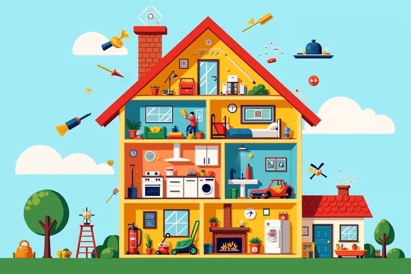 A whimsical and slightly chaotic scene inside a brightly colored, cartoon-style house cut in half, allowing us to see each room in cross-section. In the top left corner, the attic, depict various cleaning tools like brooms and vacuum cleaners, busily dusting and de-cluttering on their own. Below that, in the master bedroom, show a smoke detector being tested by a floating hand, with visible sound waves to indicate it's working. To the right, in the bathroom, illustrate water droplets sneakily escaping from a pipe under the sink, signifying a leak. In the kitchen below, show appliances like a refrigerator and dishwasher with faces, checking themselves with a stethoscope and a flashlight. In the living room, portray a fireplace with a chimney sweep cleaning it, and visible creosote being removed. Also, show a carbon monoxide detector on the wall with a green light to indicate it's functioning. Outside the house, depict a well-maintained garden with a lawnmower and shears actively trimming the lawn and shrubs. Show a ladder leaning against the house with a bucket and a brush next to it, indicating a freshly painted exterior. On the roof, illustrate some shingles being inspected by a magnifying glass. Above the roof, show a HVAC system being serviced by miniature tools. Finally, at the bottom of the image, in the basement, depict a circuit breaker and an outlet with cords, with a small cartoon lightning bolt character checking them. Also, show a first aid kit and a fire extinguisher with superhero capes, signifying safety equipment. The resulting image will be a lively and fun representation of all the home maintenance tasks, sparking curiosity and interest in the blog post