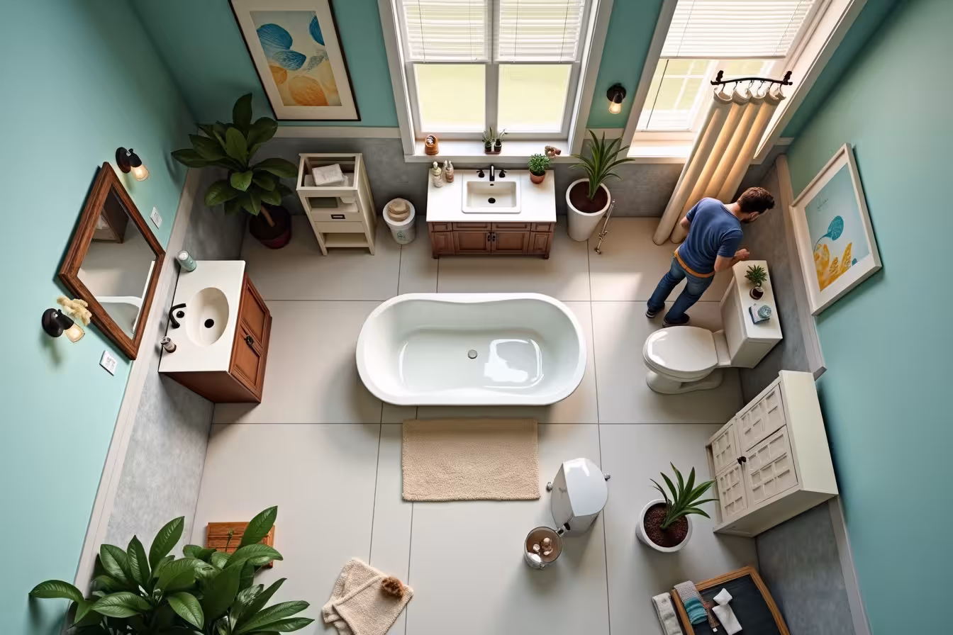 An overhead view of a small but stylish bathroom undergoing a transformation. At the center, a worn-out bathtub, now gleaming and new after a professional refinishing, stands out. The walls surrounding the tub are in the process of being painted, with one half still showing old, dull paint and the other half freshly coated in a light, soothing color. Next to the bathtub, a vanity is being replaced, with the old, outdated one lying on its side and a sleek, modern one being installed. Above the vanity, the wall is half-covered with eye-catching backsplash tiles in a unique pattern. On one corner, a handyman is installing a new, energy-efficient light fixture. On the floor, old flooring is being replaced with shiny, water-resistant tiles. Some newly installed shelves are visible on the wall, neatly stacked with fluffy towels and toiletries. A large, stylish mirror with built-in lighting leans against the wall, ready to be hung. Scattered around are accessories like a new shower curtain, a plush rug, and a piece of vibrant wall art, all complementing the room's new color scheme. In one corner of the bathroom, a peace lily plant is adding a touch of greenery, while a skilled cleaner is scrubbing the tiles and grout in another corner. The scene is bustling, engaging, and filled with anticipation for the refreshed bathroom. This image should have a clear contrast between the old and outdated versus the new and refreshed parts of the bathroom, illustrating the transformation process in a way that is visually striking, enticing, and somewhat unexpected