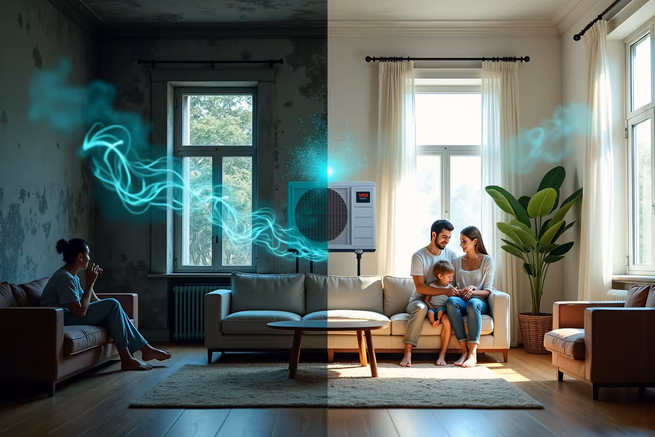An image that is split into two halves. The left half shows a dark, gloomy, and damp house interior. Details include peeling wallpaper due to moisture, moldy walls, and a visible cloud of dust particles in the air. There's a faint outline of a person on a couch, looking uncomfortable and sneezing, indicating poor health. A visible stench (represented by green squiggly lines) is emanating from a trash can and there's a thermostat showing high energy consumption. The right half depicts a bright, clean, and vibrant home interior. The walls are pristine, there is a clear, sparkly airflow circulating through the room, and a happy, healthy family is seen enjoying their time. The thermostat in this part shows lower energy consumption. The windows are wide open, letting in fresh air and sunlight. There's a plant in the corner, symbolizing good air quality. At the center of the image, a large ventilation system serves as the dividing line between the two halves. It's designed to appear powerful and efficient, with visible air currents showing its function. The difference between the two sides of the image should be stark, clearly demonstrating the transformation brought about by proper ventilation