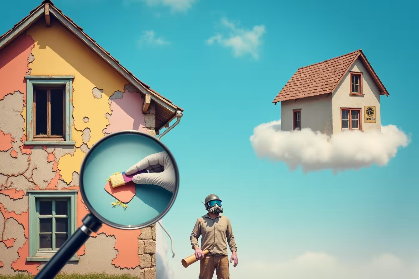 An old, charming house with cracked, peeling paint revealing multiple layers of color, representing the passage of time and the possible presence of lead paint. The house is positioned on the left side of the image. On the right side, a magnifying glass is zooming on a small section of the peeling paint, signifying the process of lead detection. A color-changing swab from a lead test kit is seen touching the zoomed-in patch of paint. Towards the bottom center of the image, a person in protective gear, including a respirator mask, goggles, and gloves, is shown carefully removing the lead paint using a scraper, representing the process of lead paint removal. They are surrounded by a translucent safety barrier, symbolizing the containment of lead dust. In the background, faintly visible, is a professional lead abatement contractor with specialized tools, signifying the option of professional help. In the top right corner, a certificate marked 'Lead-Safe' from the EPA is floating, symbolizing the importance of certification and education. To add an element of strangeness and pattern-break, the house is floating on a cloud in a vivid blue sky, creating a dreamy and surreal environment that stands out and grabs attention. The cloud subtly suggests the risk of lead dust spreading and the necessity of proper cleanup and disposal. The overall color scheme should be slightly vintage with warm and pastel tones, maintaining an inviting yet cautionary atmosphere