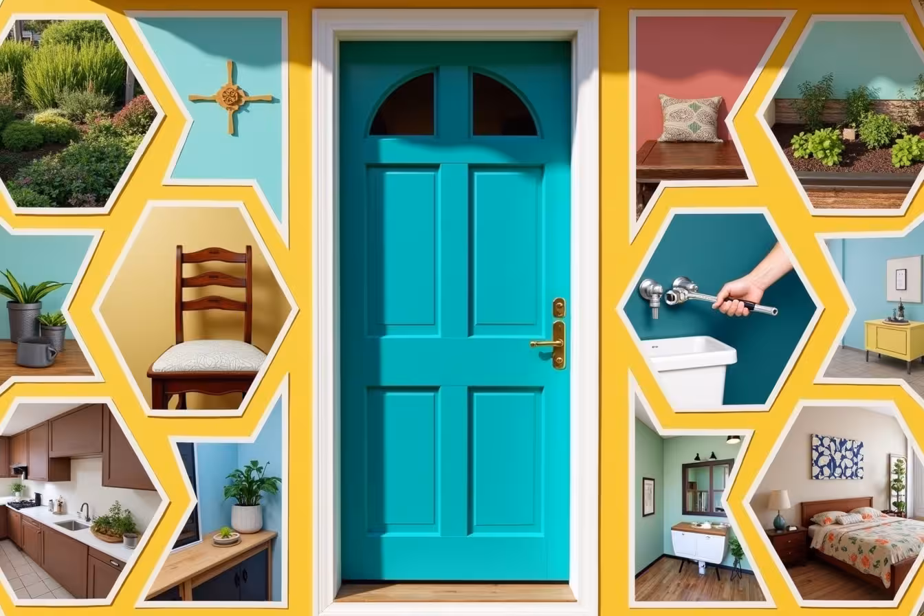 An eclectic, brightly colored collage that is a remarkable blend of various intriguing DIY projects from a beginner homeowner's perspective. At the center, A vibrant, freshly painted front door in a welcoming shade of teal, symbolizing the transformation of a house into a home. Bordering the central image, A series of smaller, hexagonal frames, each containing a different DIY project. The first frame holds a lush, green landscape design, while the adjacent frame showcases a refurbished vintage chair, its wooden surface gleaming under a new coat of varnish. On the other side of the central image, one frame showcases a pair of artistic throw pillows with intricate patterns, while another illustrates a hand fixing a leaky faucet using an adjustable wrench, a symbol of self-reliance. Further down, A programmable thermostat set against a painted wall in one hexagon, and a modern kitchen scene in another featuring freshly painted cabinets and a stylish backsplash. Toward the bottom, a sleek and modern bathroom vanity set against freshly painted walls shares a segment with a well-built garden bed overflowing with vibrant, healthy plants. On the final stretch, a tidy, well-organized room with custom storage solutions is adjacent to a frame containing a state-of-the-art home security system. Finally, the last frame captures the essence of a room makeover, with the walls transforming from a dull beige to a lively pastel, accentuated by rearranged furniture and tasteful accessories. This collage of images is designed to be a visual feast, a pattern-breaking, intriguing representation of the blog content, stimulating curiosity and inviting viewers to delve into the world of DIY projects for beginner homeowners