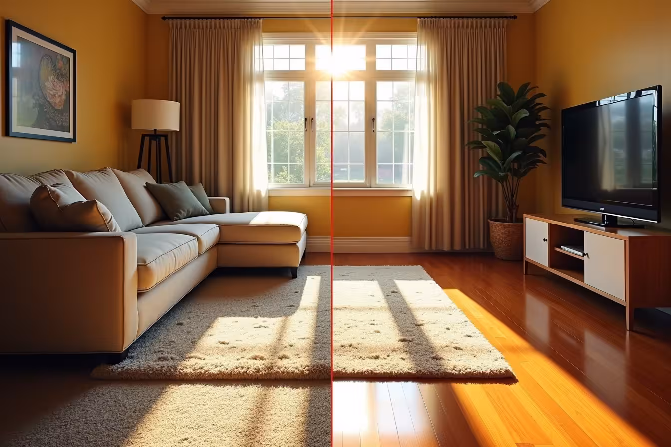 An image that showcases the contrast between a carpeted living room and a hardwood floored one. The room should be split in half, the right side showing a warm, elegant living room with hardwood flooring, a stylish area rug, and tasteful, modern furniture. The hardwood floor should be a rich, warm brown, with a glossy finish, reflecting the natural sunlight coming through the large window. On the left side, it should depict a carpeted room that despite being cozy, shows signs of wear and tear, and dust particles visible in the sunlight. The carpet should be a faded color, with some visible stains and matting, suggesting difficulty in maintenance. In the middle, a vertical line separates the two halves, symbolizing the decision homeowners have to make. The image should be vivid, with the hardwood side appearing more vibrant, clean and appealing, while the carpeted side looks dull and less inviting. The image should be designed in such a way that it captures the benefits of hardwood floors over carpets, evoking an immediate, visual understanding of the points made in the blog post. The image should also have a soft overlay of sunlight filtering through the window, casting a warm, inviting glow over the hardwood side, while the carpeted side remains in shadow, subtly implying the superior choice