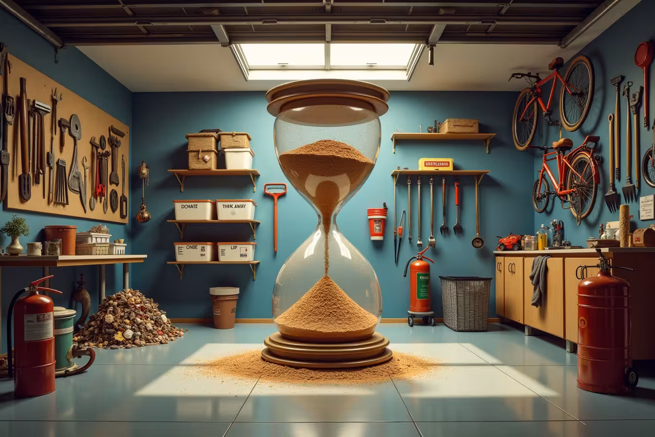 A fantastical garage environment with an unexpected, surreal twist that's beautifully organized and incredibly efficient. In the center of the image, there's a huge, antique hourglass representing the weekend time constraint. The sand in the hourglass is in the shape of various garage items that are being organized - tools, sports equipment, storage bins, and gardening tools. The items in the top half of the hourglass are disorganized and chaotic, while those in the bottom half are neatly categorized and stored on shelves, cabinets, pegboards, and wall-mounted systems. On one side of the hourglass, there's a pile of items labeled 'donate' and 'throw away' representing the decluttering process. On the other side, there are labeled storage bins and tools hanging neatly on a pegboard. The walls of the garage are being utilized with mounted bicycles and shelving units, neatly arranged and saving precious floor space. The floor of the garage is coated with shiny, clean tiles and the whole space is illuminated by a bright, warm light from a unique, oversized vintage lamp hanging from the ceiling. In one corner, a fire extinguisher and a smoke detector are visible, highlighting the importance of safety measures. This captivating image provides a snapshot of the transformation and organization process, with an intriguing twist that catches the viewer's attention and entices them to learn how to achieve this in a single weekend