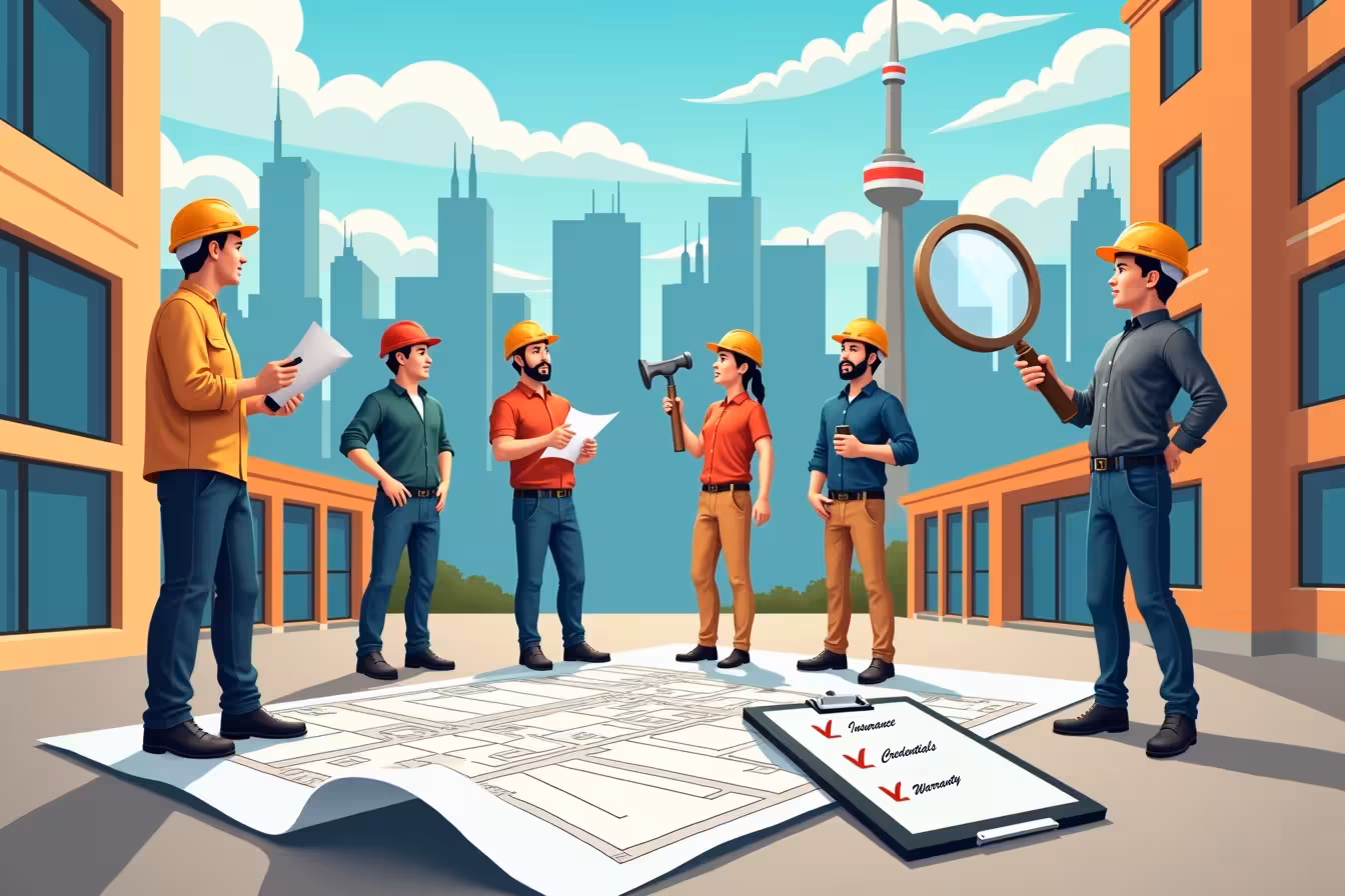 A dynamic and bustling construction site located in the heart of Toronto. In the middle of the scene, a diverse group of contractors stand, each one holding a different tool - a paintbrush, a hammer, a blueprint, and a trowel, symbolizing their various specializations. They are discussing and collaborating, showcasing their professionalism and communication skills. In the foreground, a large blueprint unfurls, detailing the layout of a complex renovation project, hinting at the need for clear project needs identification and detailed estimates. On the blueprint, there should be a checklist with the blog points subtly integrated, like a clipboard with 'credentials', 'references' and 'warranty' clearly visible. In the background, the Toronto skyline provides a familiar landscape, emphasizing the benefits of hiring local. To add a strange and enticing element, hovering above the group of contractors, a large magnifying glass scrutinizes them, symbolizing the importance of thorough research and vetting of contractors, while also breaking the pattern and catching the viewer's eye