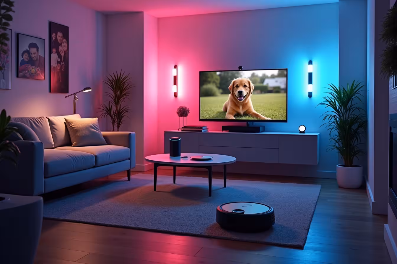 A sleek, modern living room bathed in the soft, multi-colored glow from the Philips Hue lighting system, casting an inviting aura over the tech-filled space. The room has an Echo Show 10 (3rd Gen) on a minimalist coffee table, displaying a vibrant, crystal-clear video call in progress. The device's screen is subtly turning, following the movement of a person around the room. On a side table next to a plush couch, the Google Nest Hub Max sits, showcasing a live feed of a cute dog playing in a yard from its built-in Nest Cam feature. Its screen also doubles as a digital photo frame displaying a rotating gallery of family photos. In a corner of the room, the Arlo Pro 3 Floodlight Camera is mounted high, its powerful light illuminating a small portion of the room, casting long, dramatic shadows as if sensing motion. The gadget is clearly visible, showcasing its sleek design and notable features. The Ecovacs Deebot N8 Pro+ is in action on a hardwood floor, efficiently navigating around a modern rug, displaying its advanced object recognition and avoidance capabilities. It's heading towards a self-emptying station which is discreetly placed against a wall. Make sure all devices are clearly identifiable and the focus is on the futuristic, modern aspect of the smart home, emphasizing the convenience and seamless integration of these top 5 smart home gadgets. The overall ambiance should be enticing, innovative, and a little mysterious, inviting viewers to learn more about the world of modern living