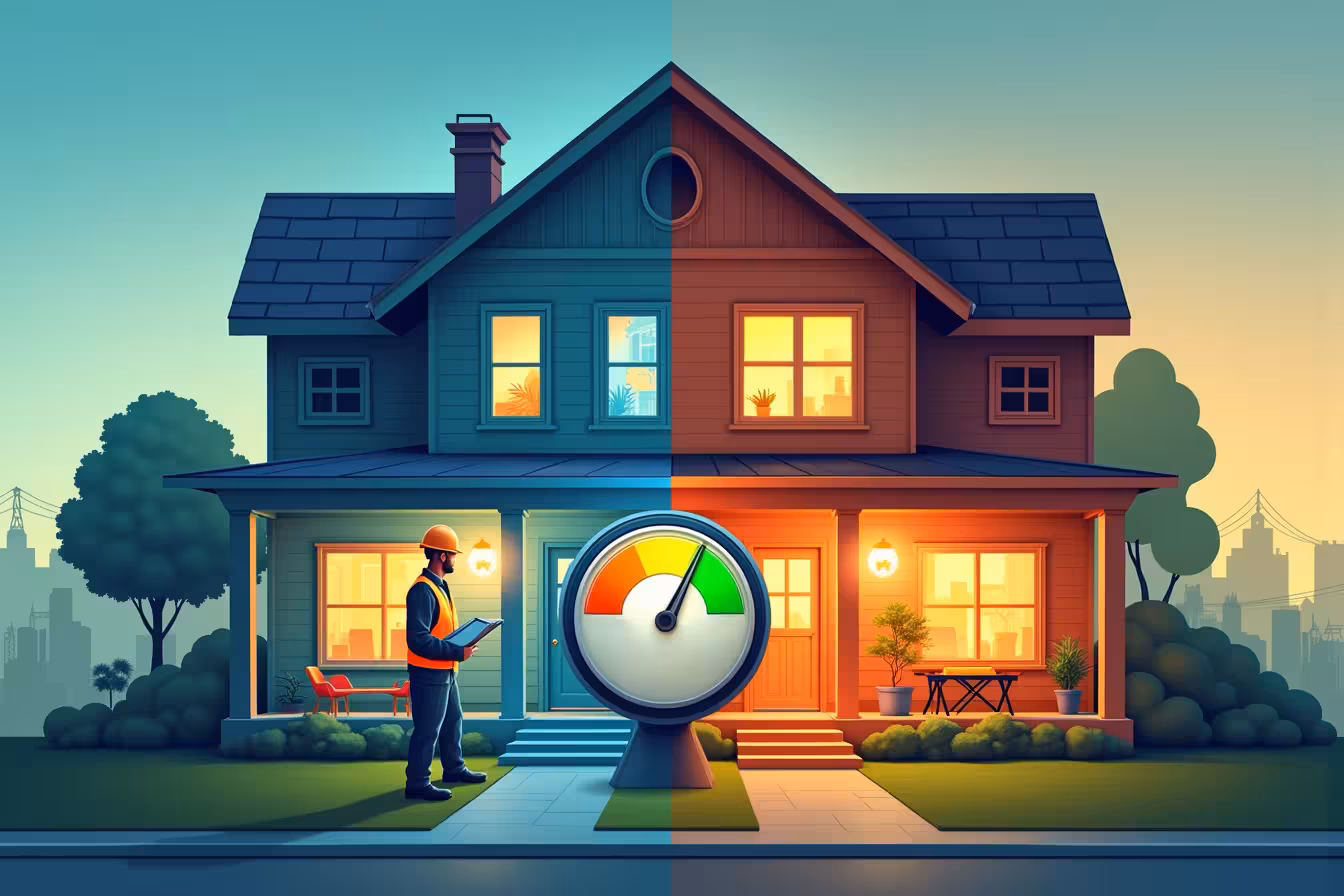 A split view image that evokes intrigue and curiosity. On the left side, illustrate a professional energy auditor, dressed in work attire with a clipboard in hand, inspecting various parts of a house. This side of the house should showcase common areas of energy inefficiency like a leaking window, an old heating system, and thin insulation. Show the auditor using tools such as a blower door and infrared camera to detect these inefficiencies. On the right side, depict the same house transformed after undergoing a home energy audit. Show the house with improved insulation, sealed windows, a modern, efficient heating system, and energy-saving light bulbs. The house should radiate a warm, comfortable glow. In the middle of the image, An energy meter dramatically pointing towards the green, or efficient, end of the scale, symbolizing the improved energy efficiency after the audit. The auditor's clipboard should have a pie chart showing the cost savings from the energy audit. On top of the image, incorporate the words Understanding Home Energy Audits: Are They Worth It? in bold, eye-catching font to draw viewers' attention towards the blog's title