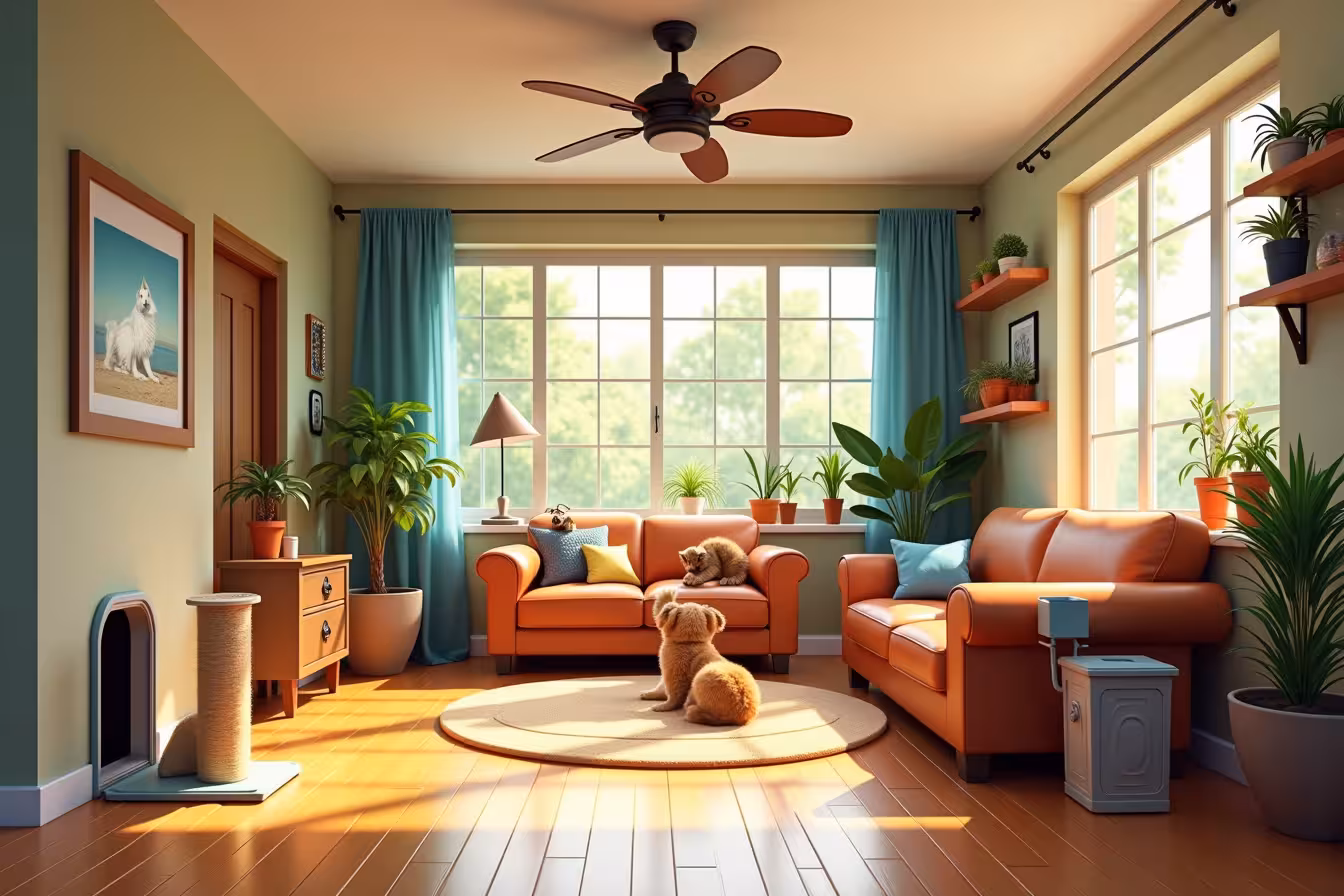 An engaging and whimsical scene of a pet-friendly home filled with life. The living room is the focus, with resilient bamboo flooring shining under the soft light. A large, comfortable leather couch with removable covers and a matching color to a lounging cat's fur sits centrally. A designated pet zone is nearby, featuring a cozy pet bed, a playful scratching post, and a variety of interactive toys. On one side of the room, there's a pet door built into a wall, showing a glimpse of a garden outside. On the other side, a secured trash can inside a locked cabinet and a shelf storing pet supplies, food, toys, and grooming tools can be seen. The walls are painted with a lustrous, easy-to-clean satin paint, and a modern ceiling fan spins gently, circulating fresh air. A window with sturdy guards showcases a sunny view outside, while a few pet-friendly houseplants sit on high shelves out of a curious puppy's reach. In the background, a mischievous kitten is seen playfully attempting to reach a covered electrical wire, emphasizing the importance of pet-proofing a home. This vibrant and detailed scene perfectly captures a well-designed, pet-friendly home that's both functional and aesthetically pleasing