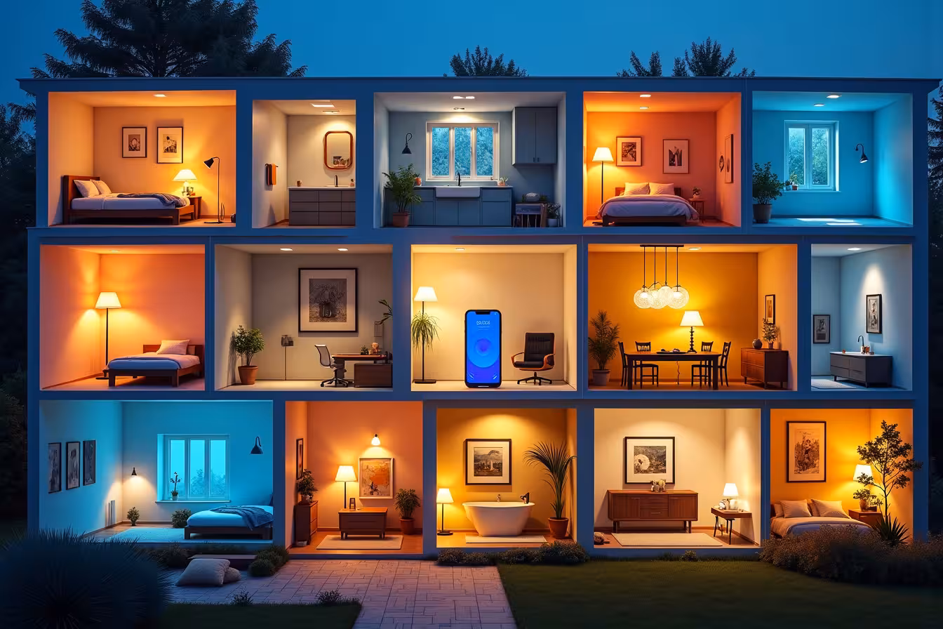 A large, dynamic and colourful collage depicting different rooms in a house, each showcasing unique lighting solutions. On the top left, show a cozy bedroom bathed in soft ambient light, with a reading lamp casting a focused glow on an open book on the bedside table. Next to it, portray a bright, eco-friendly kitchen, with natural light streaming in through a large window, under-cabinet lights illuminating a cutting board, and pendant lights hanging over a kitchen island. Below these, illustrate a bathroom with lights surrounding a mirror, casting a shadow-free reflection of a person applying makeup, and waterproof recessed lights in a shower area. On the right, A warm and inviting living room, with a combination of floor and table lamps, and accent lights highlighting an artwork on the wall. Next to it, display a dining room with a dazzling chandelier illuminating a dining table, wall sconces providing ambient light, and accent lights illuminating a piece of artwork. Underneath, depict a home office with an adjustable desk lamp casting light on a desktop, and a full-spectrum light bulb in a ceiling fixture. In the center, illustrate a smartphone with a lighting control app, adjusting the intensity and color of light in each room. Surrounding this central image, show energy-efficient LED and CFL bulbs, with visible energy waves to indicate their efficiency. This collage is vibrant and detailed, yet harmoniously blended, reflecting the variety and importance of lighting solutions in every room