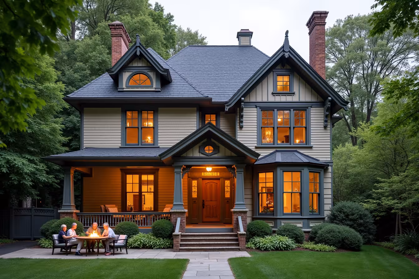 A classic, grand old house with distinct architectural features like original woodwork, unique doors and windows, and a charming fireplace. The house is nestled in a well-maintained garden, adorned with mature trees and vibrant flowers. The exterior has been carefully preserved to maintain its vintage charm, but with a hint of modernity. One of the windows is open, revealing a glimpse of the newly renovated kitchen, boasting new cabinets that match the aesthetic of the house, and shiny, modern appliances. Near the house, there's a newly installed patio with stylish outdoor lighting, subtly blending the old with the new. In the foreground, a professional team of architects, designers, and contractors are discussing blueprints that detail the modern upgrades planned for the house, including energy-efficient installations and smart home technology. The overall image conveys a harmonious blend of the old charm and modern comfort, capturing the process of restoring and modernizing an older home