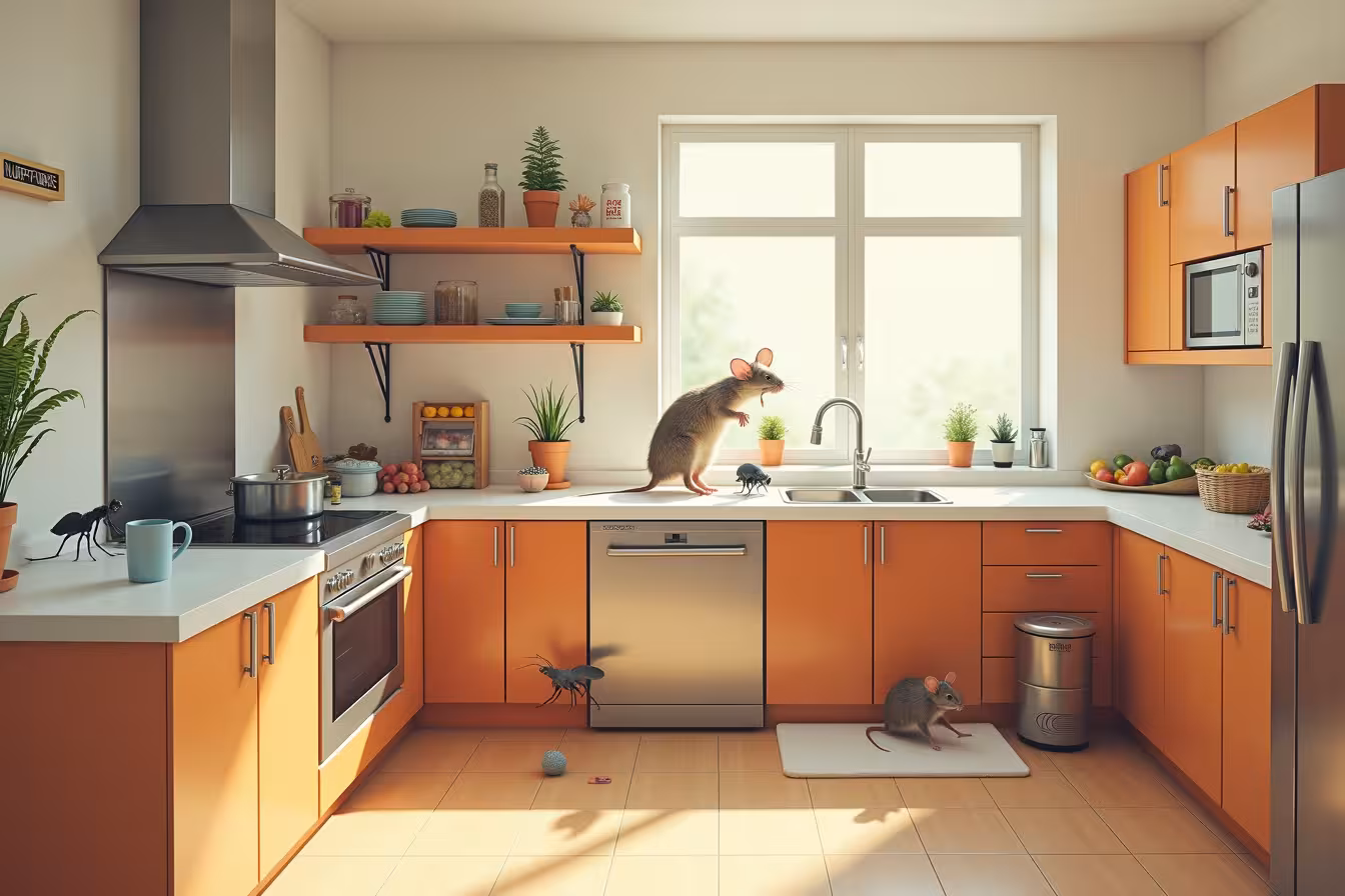 A surreal scene in a domestic setting, specifically a kitchen where the ordinary meets the extraordinary to A pattern-breaking image. The centre of the image should be a large, gleaming, well-organized kitchen. The colour palette should be warm and inviting, with crisp white walls, wooden cabinets, and stainless steel appliances. In stark contrast to the pristine kitchen, A whimsical representation of pests such as ants, roaches, and mice. These pests should be oversized, almost cartoonish, and shown engaging in human-like activities. For instance, ants could be seen forming a brave chain to reach a high shelf, a roach could be attempting to pry open an airtight food container, and a mouse could be seen trying to fix a leaky faucet using a tiny tool. On the outskirts of this chaotic scene, include visually appealing elements that represent the prevention methods mentioned in the blog. Show a broom and mop standing guard by the door, a refrigerator with its door open revealing neatly stacked airtight containers, a small bin with discarded plant debris, a spray bottle labelled 'natural pesticide', and a professional pest control van visible through the window. Keep the overall tone of the image light-hearted and humorous, aiming to A visually exciting and enticing image that will draw viewers in. The intention is to A striking contrast between the orderly kitchen and the absurdity of the pests, making the image intriguing and memorable
