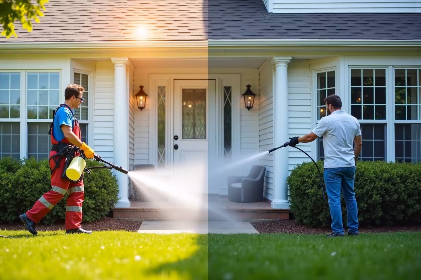 A contrasting scene split in two. On the left, A bright and clean home exterior, with sparkling windows and a pristine, gleaming facade. The lawn is vibrant green, and a professional pressure washer, adorned in safety gear - gloves, goggles, and long pants - is at work, maneuvering a high-power pressure washing machine with skill and precision. He is spraying an efficient, overlapping pattern on the wall, with a container of detergent attached to the machine, symbolizing the correct and safe way to pressure wash. On the right side, depict a dull and grimy home exterior, with streaky windows and a dirty, unkempt facade. A person in casual clothing, without any safety gear, struggles to handle a visibly out of control pressure washing machine, spraying water haphazardly, directly hitting the windows and light fixtures. Highlight a damaged soft wood surface and flaking paint, representing the aftermath of improper pressure washing technique. Make sure the divide between the two scenes is clear and prominent, perhaps represented by a power washer wand, to drive home the contrast between the dos and don'ts of pressure washing your home