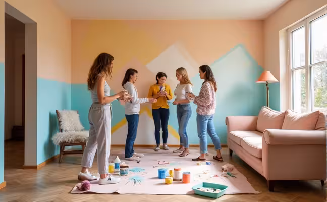 A brightly lit, cozy living room with freshly painted pastel-colored walls showcasing a DIY geometrical pattern on one of the walls, a group of people, possibly family or friends, in the middle of the room holding paint brushes and rollers, with paint cans and trays scattered around
