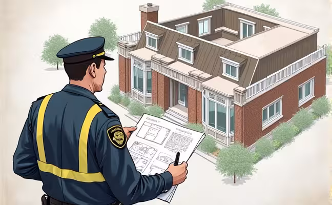 A detailed illustration of a Toronto city official inspecting an architectural plan and a site plan for a home renovation, with emphasis on details like structural changes and major plumbing or electrical modifications