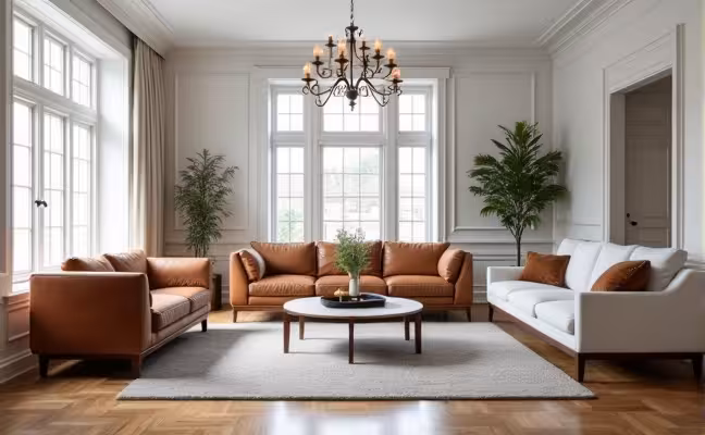A spacious, well-lit living room featuring traditional architectural features such as wainscoting and hardwood floors, accentuated by a modern mid-century styled furniture set. The furniture should display clean lines, with a combination of wood and leather materials, set against a neutral color palette of whites and grays. In the background, a traditional chandelier hangs from the ceiling, casting a warm glow over the room
