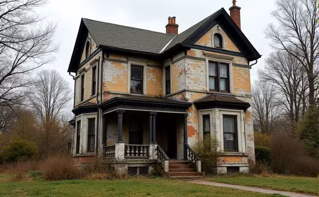 A historic house from the late 19th century, shown in a state of disrepair with peeling paint, worn out bricks, and overgrown garden, indicating a need for restoration. The architectural style should reflect the era it was built, such as Victorian or Georgian, to emphasize the importance of understanding the history and significance of the house