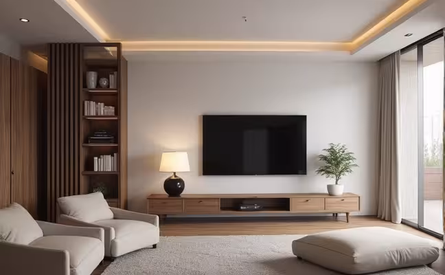 A modern living room featuring smart home technology such as a sleek, wall-mounted smart thermostat, a voice-activated home automation system, and a state-of-the-art security system with cameras and sensors placed strategically